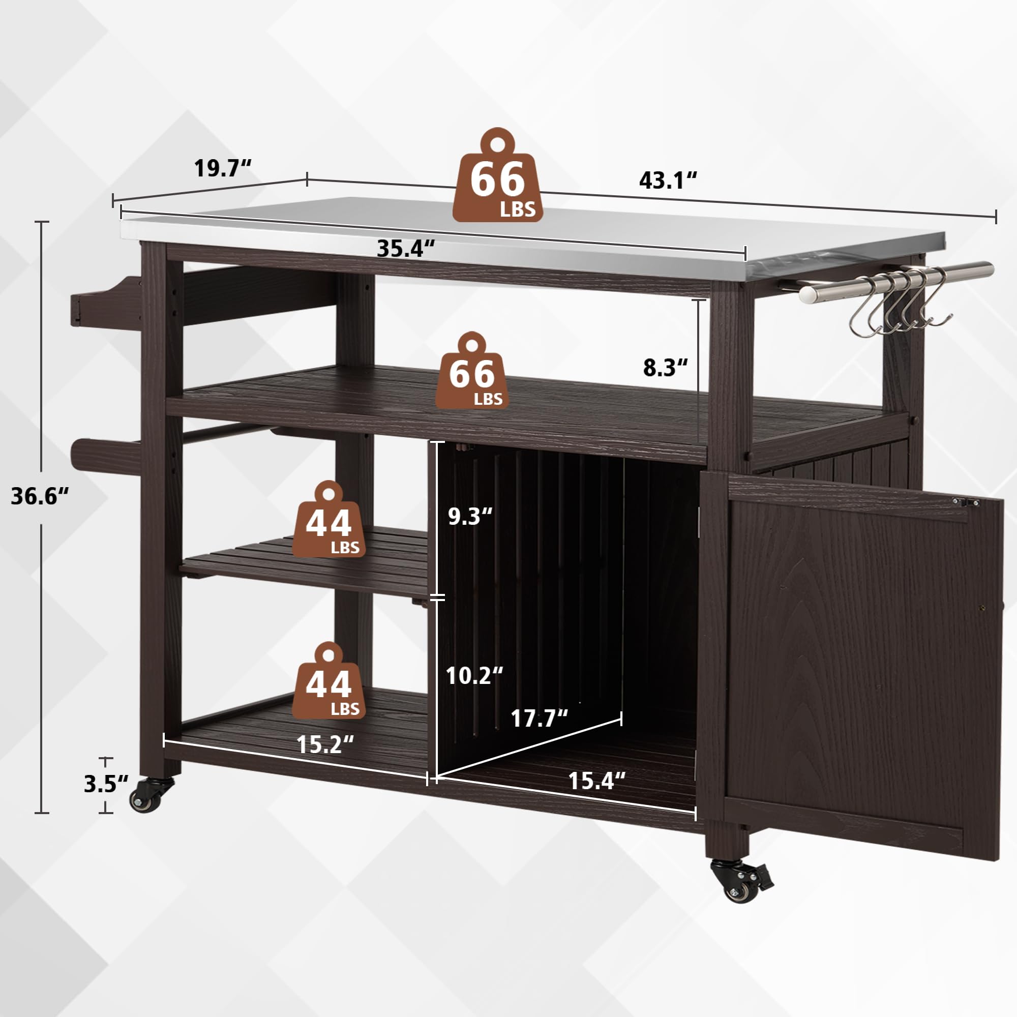 Premium AHB Outdoor Grill Table - Solid Wood Storage Cabinet with Stainless Steel Top | Rolling Kitchen Island & Movable Bar Cart for Patio, Backyard, Garden | Perfect for BBQs, Outdoor Cooking & Entertaining (Brown)