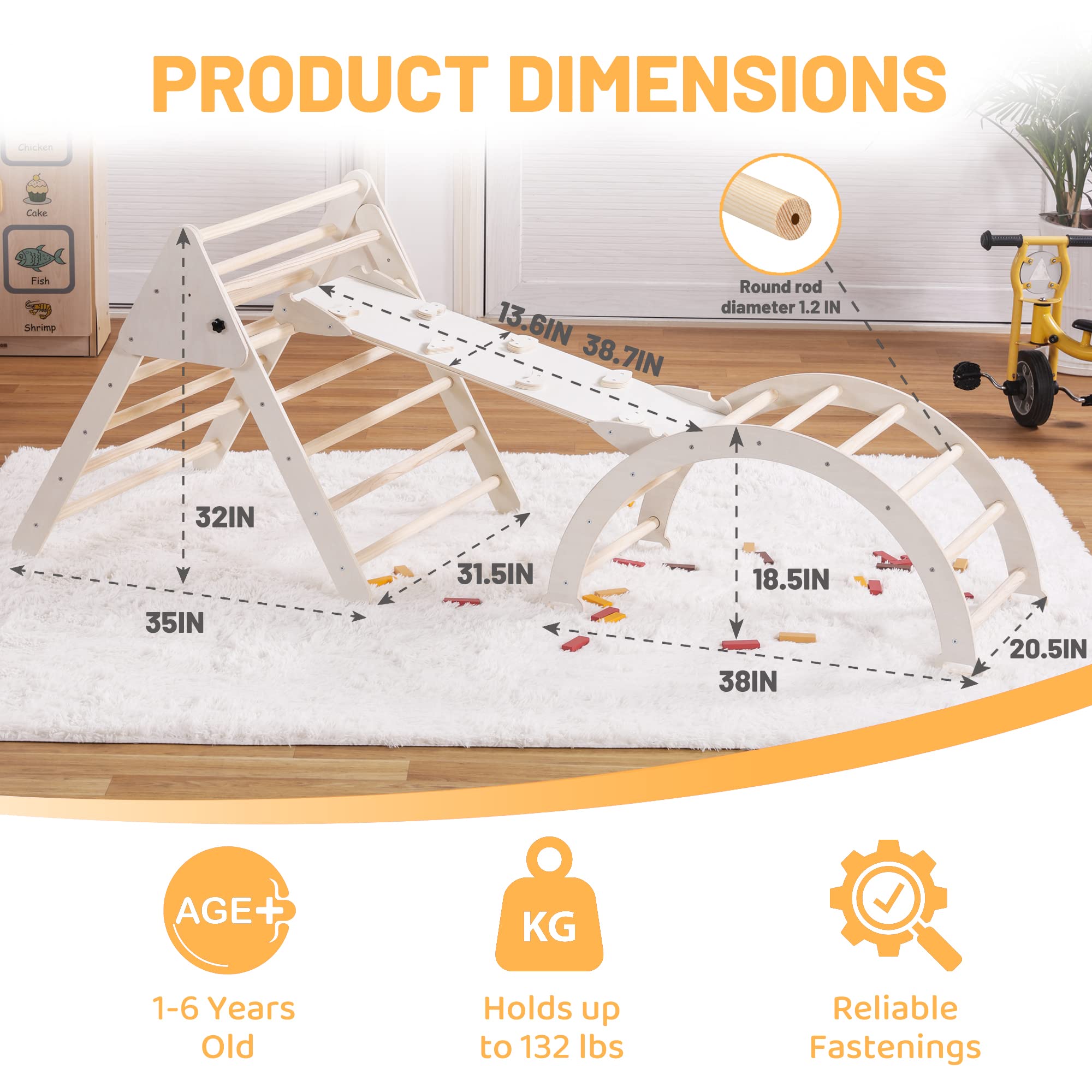Foldable 5-in-1 Pikler Triangle Set with Arch, Ramp & Climbing Triangle - Montessori Wooden Climbing Toy for Toddlers Ages 2-6 - Indoor Play Gym for Kids - Natural Wood - Perfect for Home Playrooms, Daycares & Montessori Classrooms