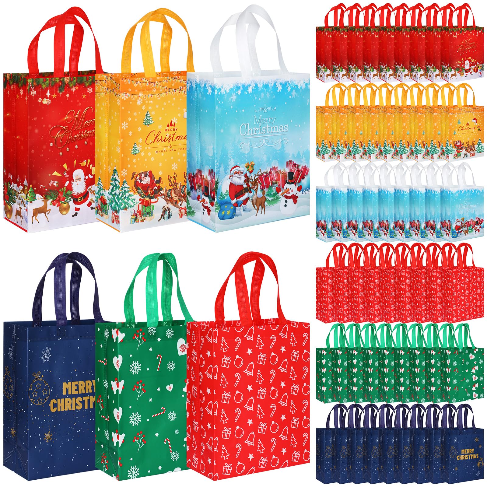 60 Pack Christmas Gift Bags Bulk - Reusable Holiday Tote Bags with Handles for Xmas Treats, Party Favors & Shopping - Non-Woven Festive Gift Bags for Christmas, Holidays & Special Occasions