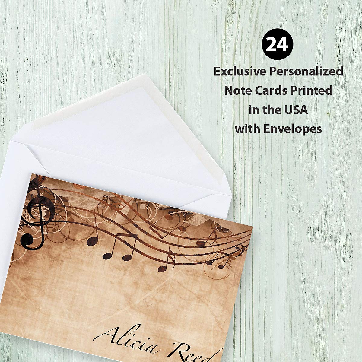 Personalized Music Note Cards - 24 Blank Cards with Envelopes, 4¼
