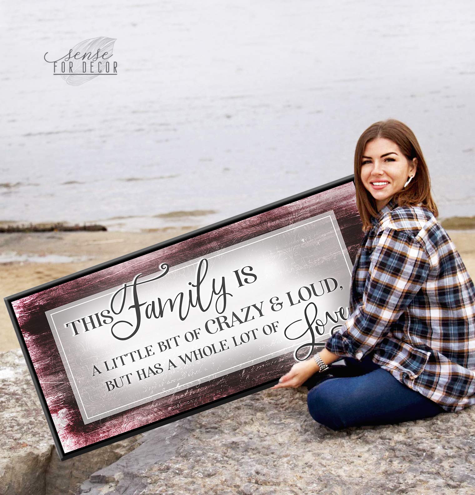 Family Sign Wall Art - Large Canvas Home Decor for Living Room & Farmhouse - 'This Family Is A Little Bit Crazy' Funny Quote - Red Wine & Black Floating Frame 42x19 - Perfect for Housewarming Gifts & Rustic Interior Design