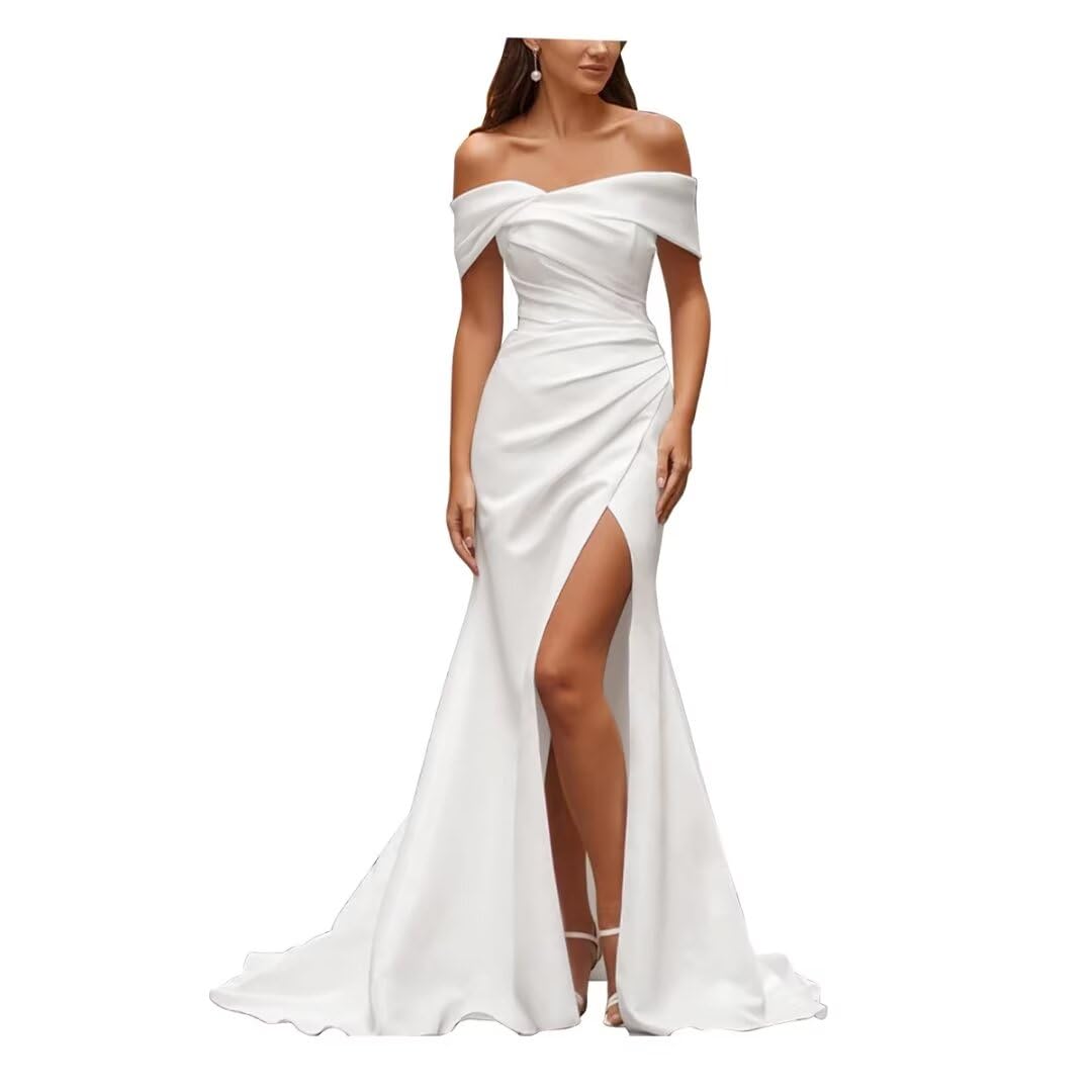 Elegant Mermaid Off Shoulder Wedding Dress for Bride - High Slit Pleats Bridal Gown with Train - Perfect for Beach, Church, and Formal Wedding Ceremonies