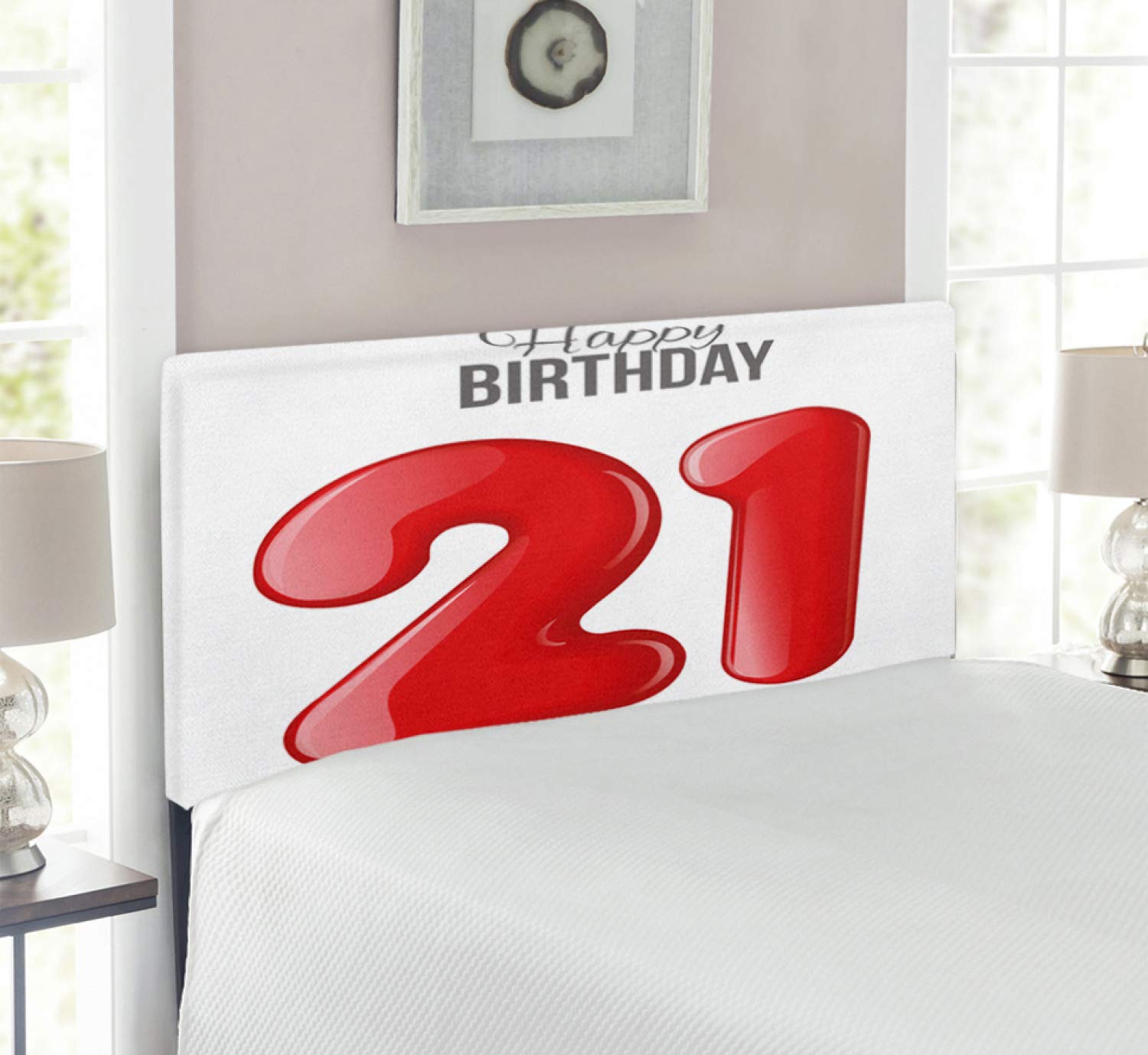 Ambesonne 21st Birthday Headboard - Handwritten Happy Birthday Design for Teen Parties, Upholstered Metal Bed Headboard with Memory Foam, Twin Size in Charcoal Grey & White - Perfect for Birthday Decorations & Teen Bedroom Makeovers