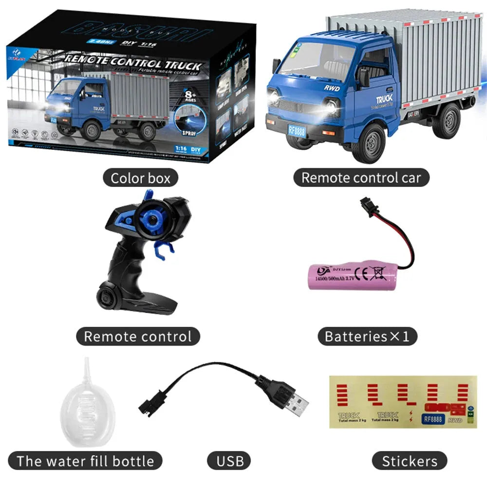 KFPLAN KF21 1/16 Scale 2.4Ghz 2WD Remote Control RC Van Toy with LED Lights & Spray Function - Ready-to-Run (RTR) for Kids | Outdoor Play, Birthday Gifts, Racing Competition