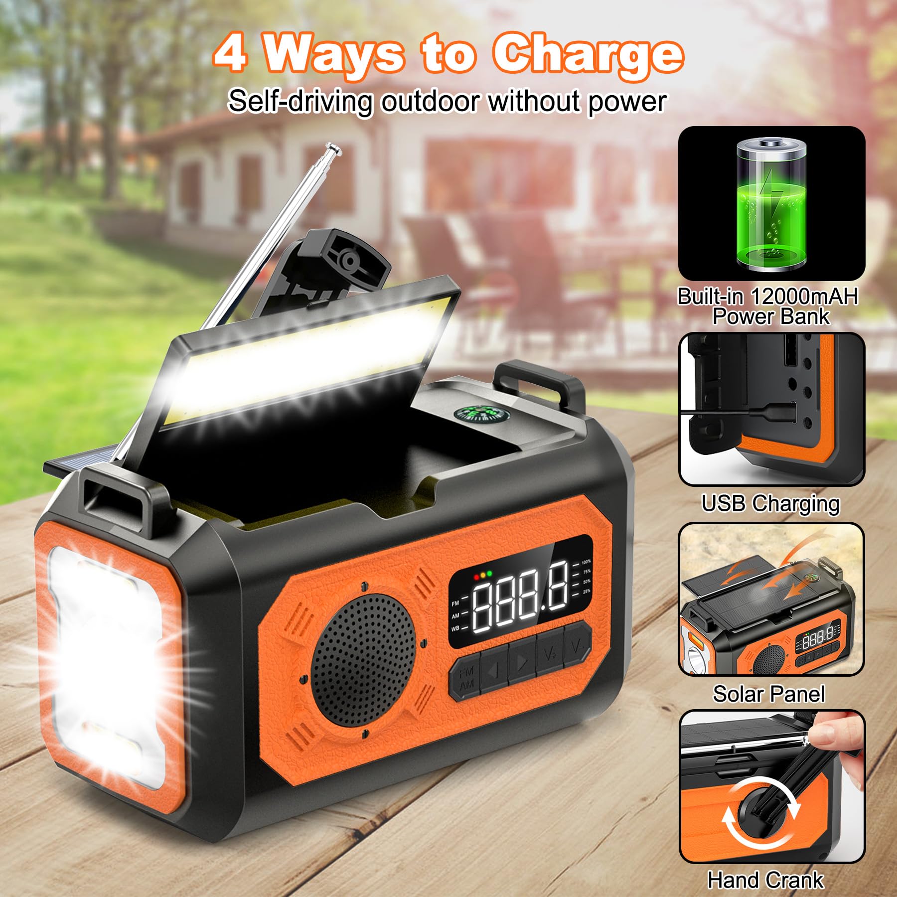 12000mAh Solar Hand Crank Emergency Weather Radio - AM/FM/NOAA Portable Radio with Flashlight, Reading Lamp, SOS Alarm, Compass & Power Bank for Outdoor Camping, Hiking, Survival & Emergency Preparedness