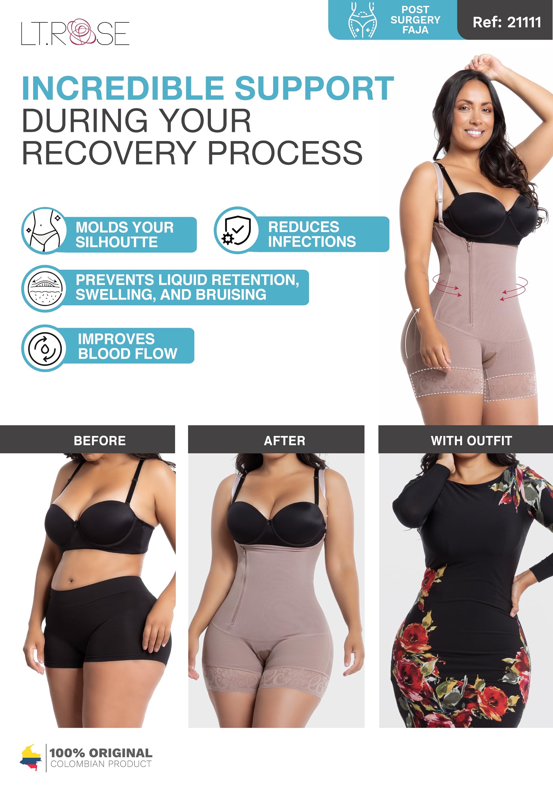 LT.ROSE BBL Faja Tummy Tuck S111 Post Surgery Compression Garment for Women - Colombian Shapewear for Liposuction, Tummy Tuck & BBL Recovery - Perfect for Post-Op Support & Body Contouring