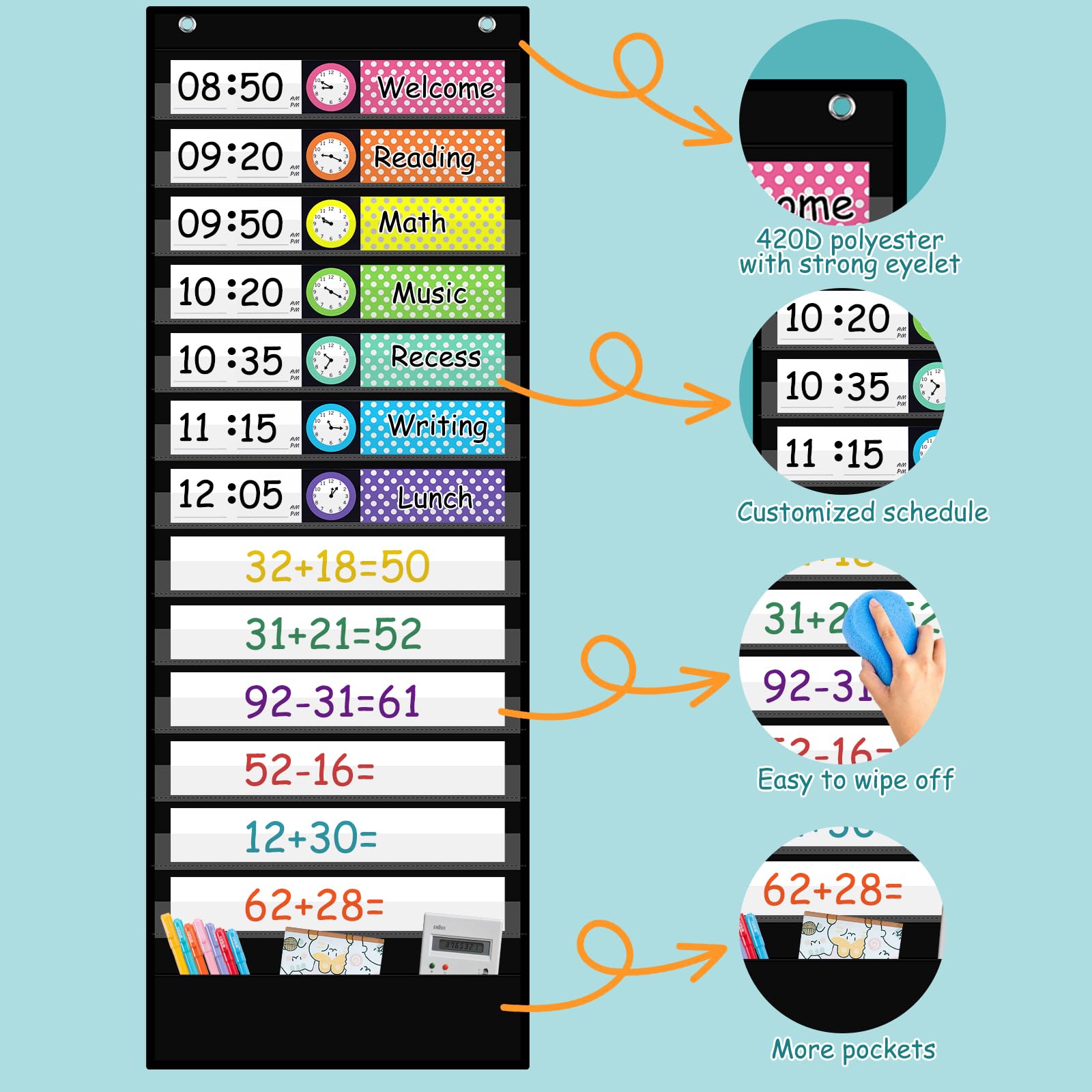 13-Pocket Schedule Chart with Cards & Hooks for Classroom, Home, Office