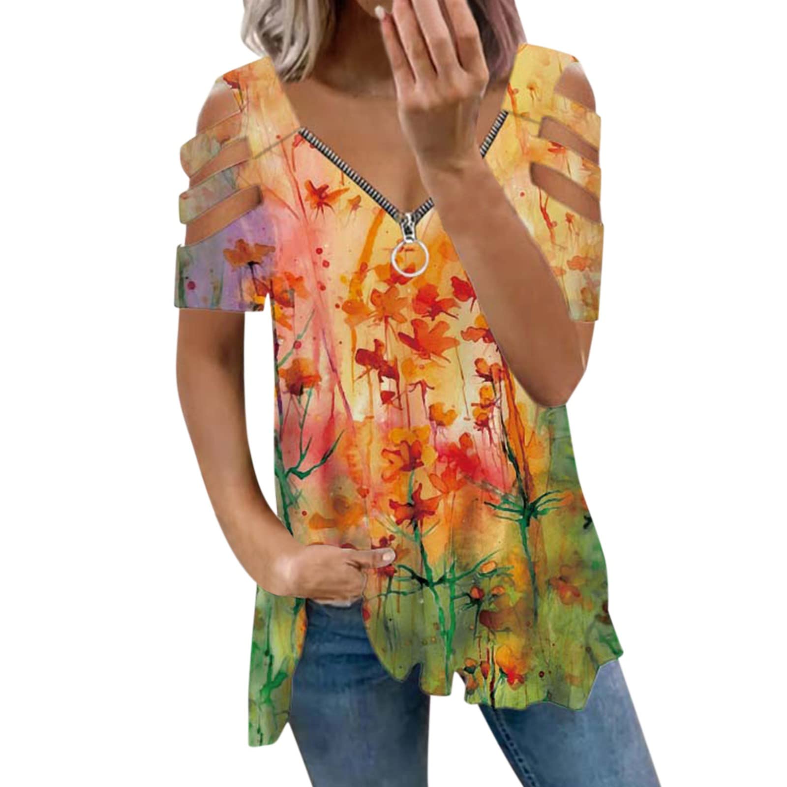 Women's Summer V-Neck Short Sleeve T-Shirt - Cute Printed Casual Blouse, Loose Fit Graphic Top for Beach, Travel & Everyday Wear