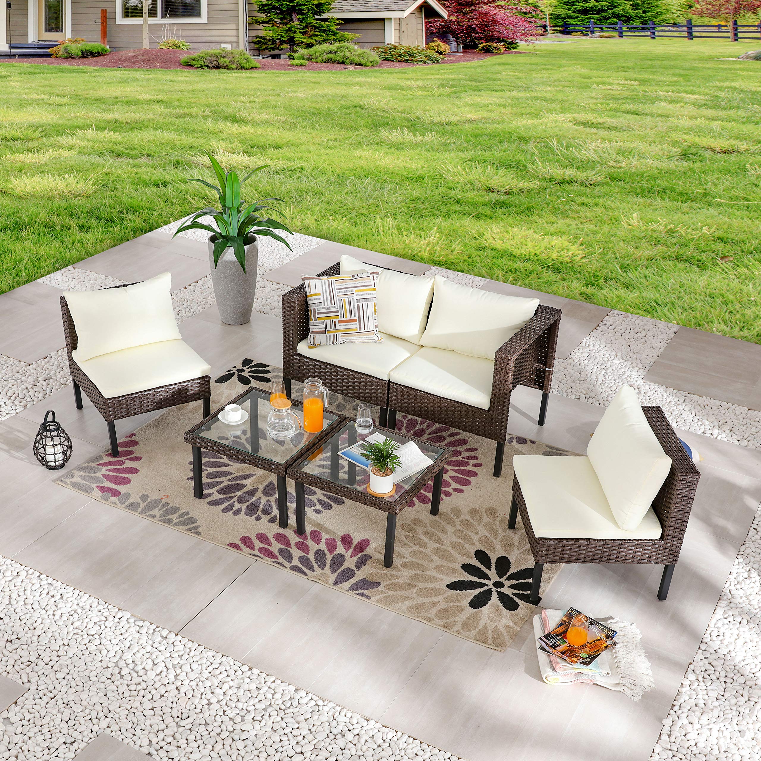 LOKATSE HOME 6-Piece All-Weather Outdoor Patio Furniture Set - Brown Wicker Rattan Sofa Chairs with Beige Cushions & Glass Coffee Table - Perfect for Garden, Poolside, and Backyard Relaxation