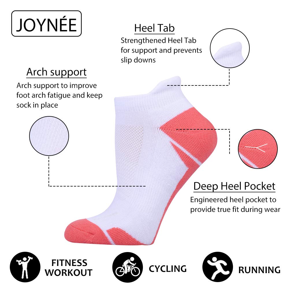 JOYNÉE Women's Athletic Running Socks - 6 Pack Low Cut Cushioned Sports Socks for Women, Breathable & Comfortable, Size 9-11 (White) - Perfect for Jogging, Gym Workouts & Everyday Wear