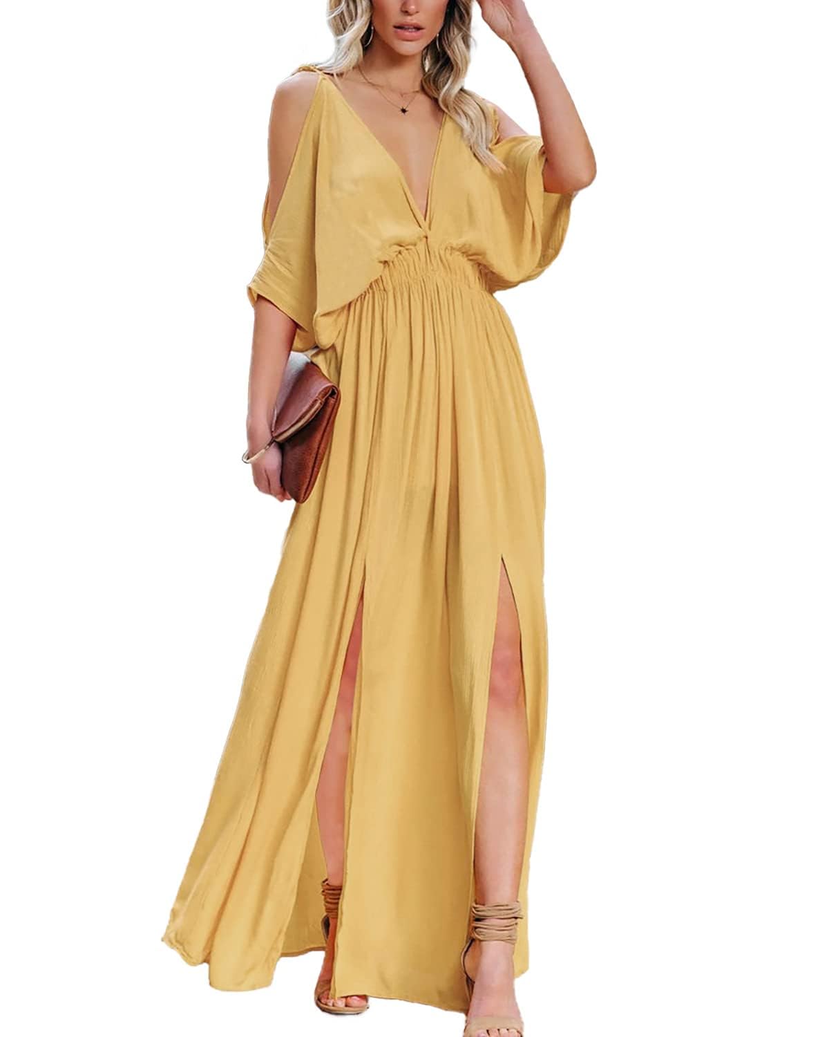 Women's Summer V-Neck Cold Shoulder Short Sleeve Maxi Dress - High Waist Split Wedding Guest Long Dress for Beach, Party & Special Occasions