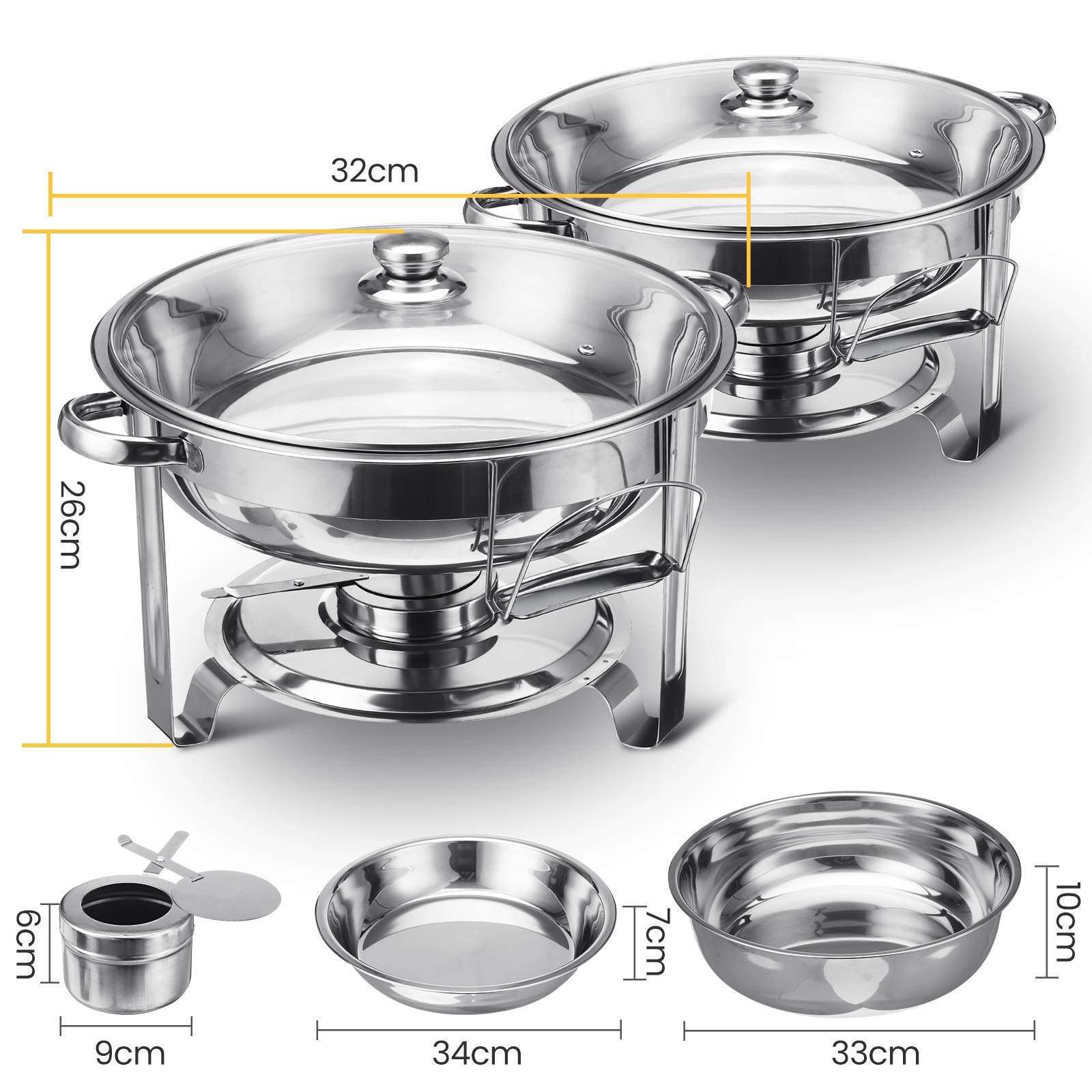 2-Pack Stainless Steel Chafing Dish Buffet Set with Glass Lids & Holders - 4-Quart Round Food Warmers for Catering, Weddings, Parties & Events - Perfect for Buffet Serving, Banquets, and Keeping Food Hot at Receptions