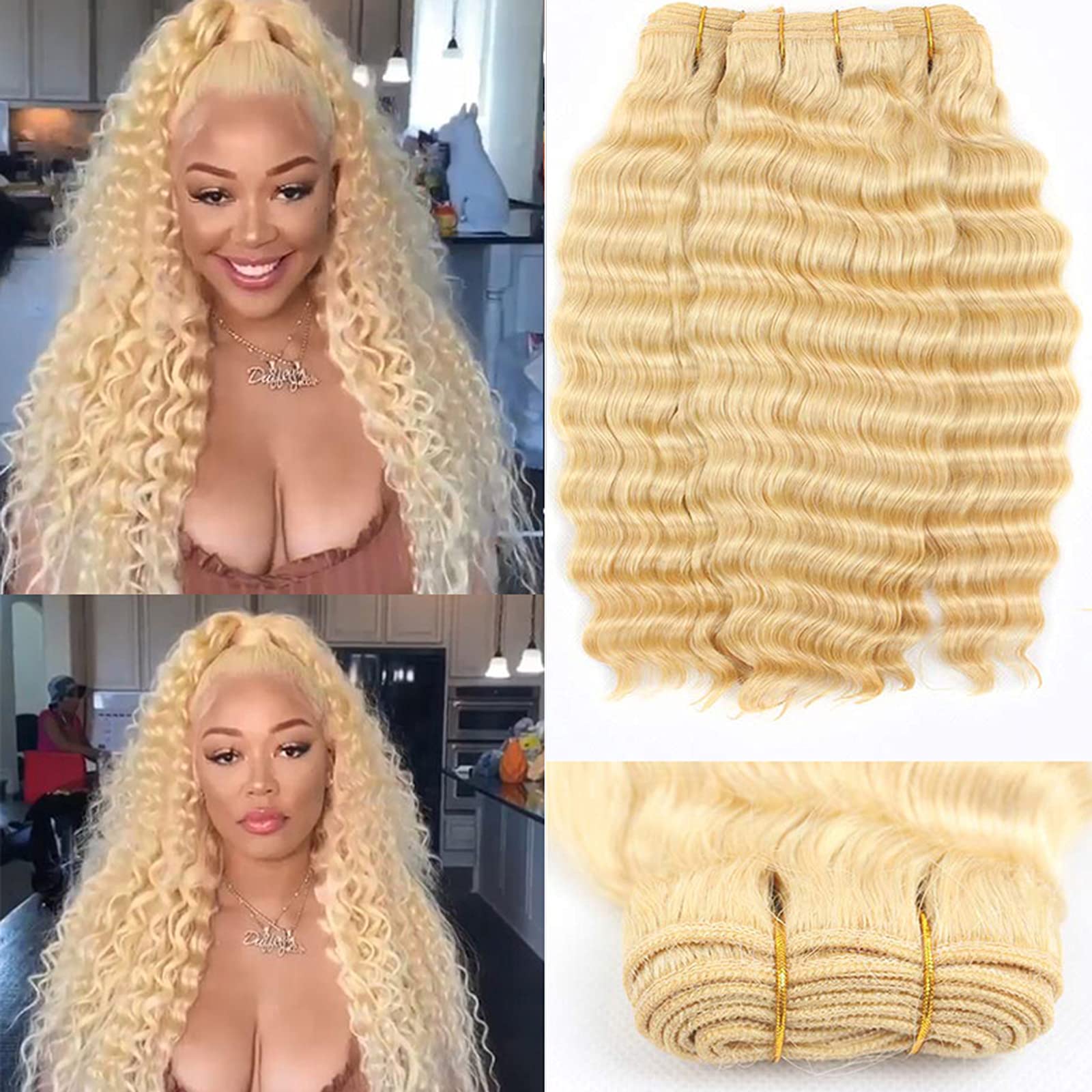 613 Blonde Deep Wave 3 Bundles 100% Brazilian Unprocessed Virgin Human Hair Extensions - Can Be Dyed (12 14 16 Inch) for Stunning Blonde Highlights & Natural-Looking Volume | Perfect for Weaves, Wigs & Everyday Styling