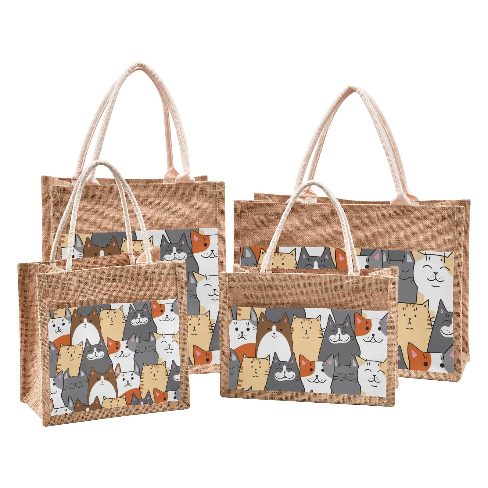 Funny Cat Jute Tote Bag with Zipper & Front Pocket - Reusable Grocery Shopping Bag for Beach, Market & Travel - Eco-Friendly Burlap Gift Bag 10x10 Inches