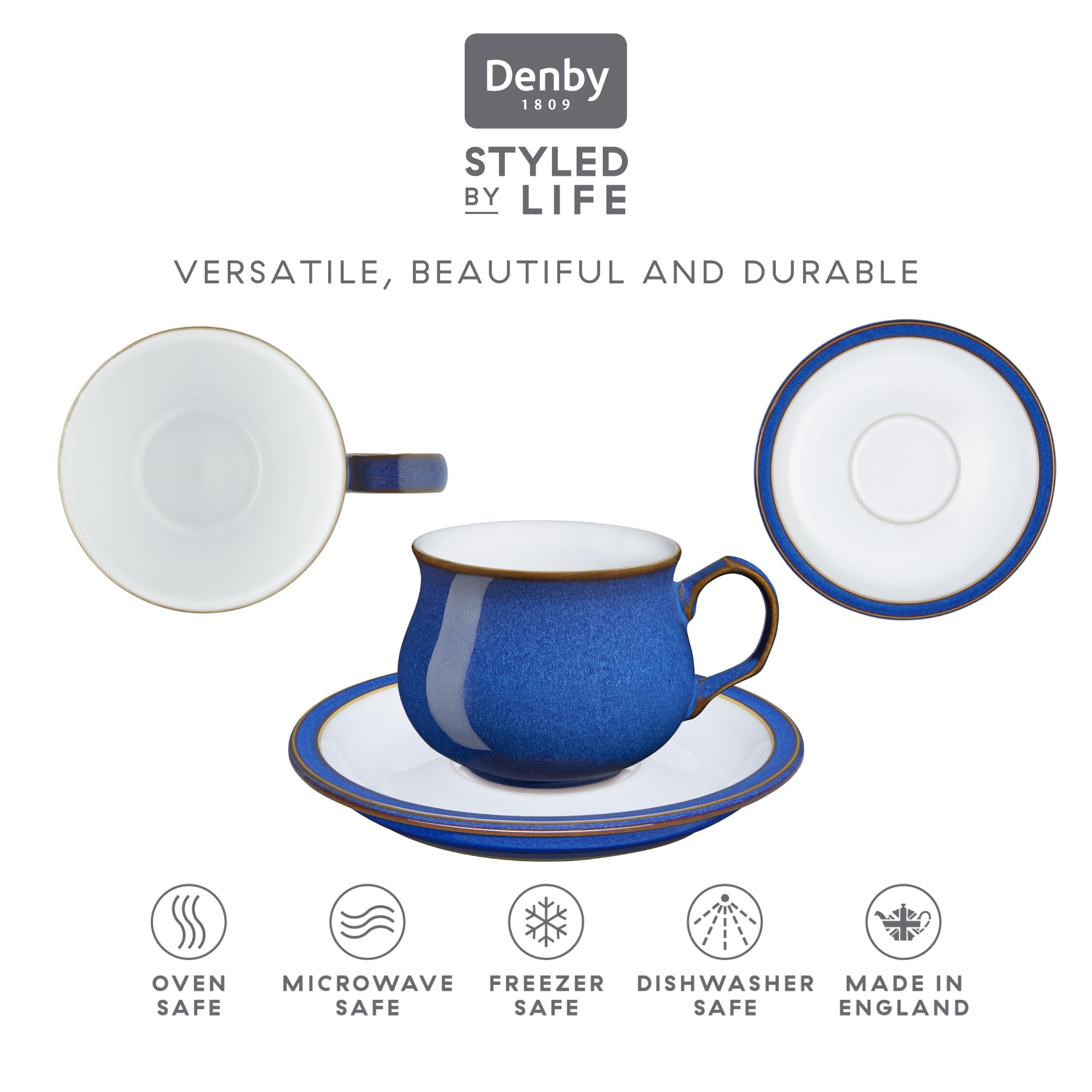 Denby Imperial Blue 4-Piece Tea and Coffee Cup Set with Saucers - Perfect for Afternoon Tea, Breakfast, or Elegant Home Decor
