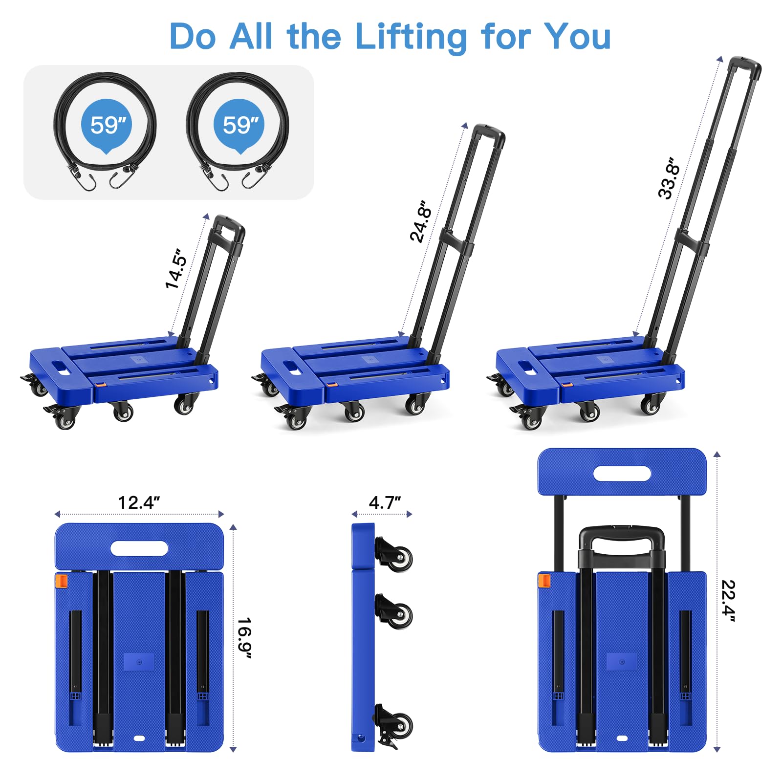 Homaisson Heavy Duty Folding Hand Truck - 550 LBS Capacity 6-Wheel Dolly Cart with 2 Ropes for Moving, Luggage & Shopping | Portable Utility Cart for Home, Office & Warehouse Use (Blue)