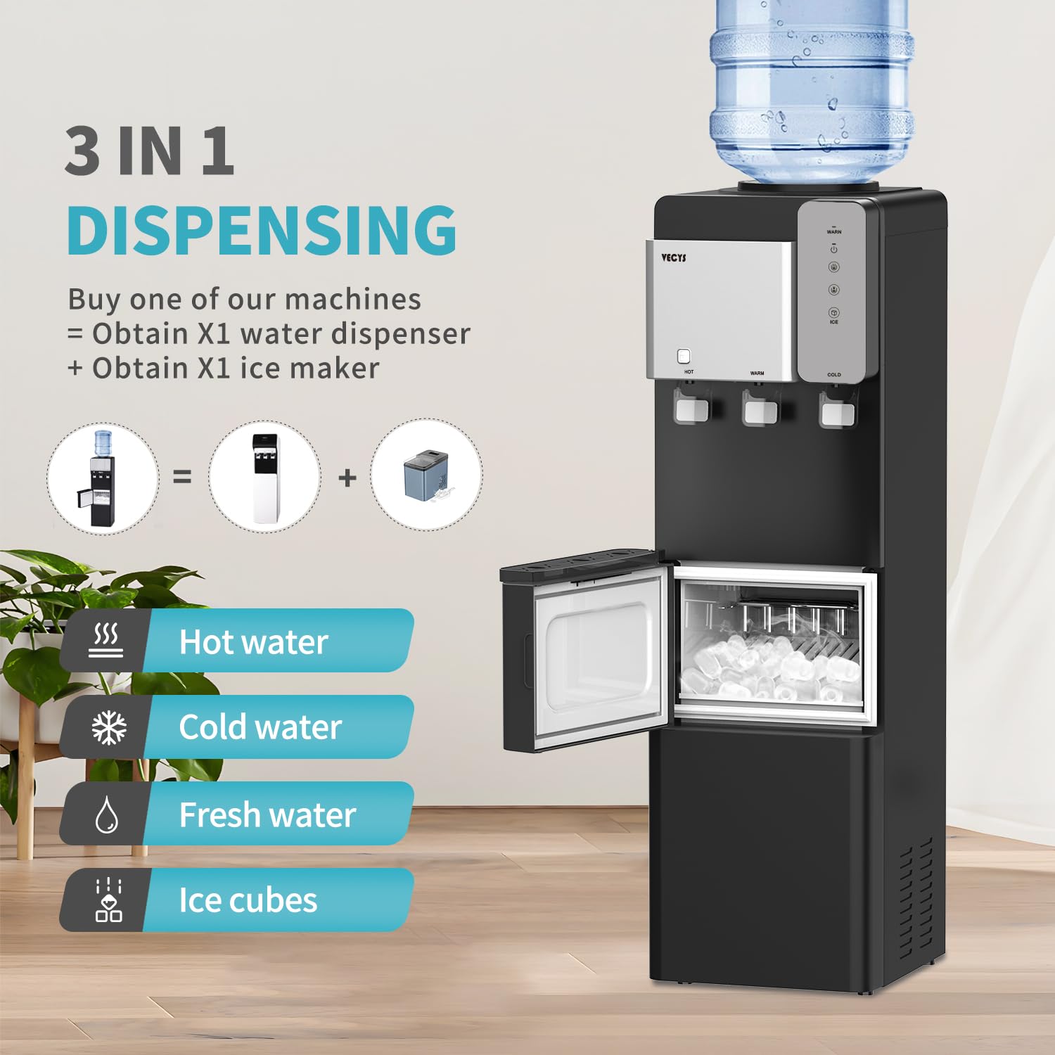 VECYS 27LBS Daily Ice Maker Water Dispenser Cooler with Hot & Cold Water, Child Safety Lock, Compatible with 3/5 Gallon Bottles - Perfect for Home, Office, Kitchen & Parties