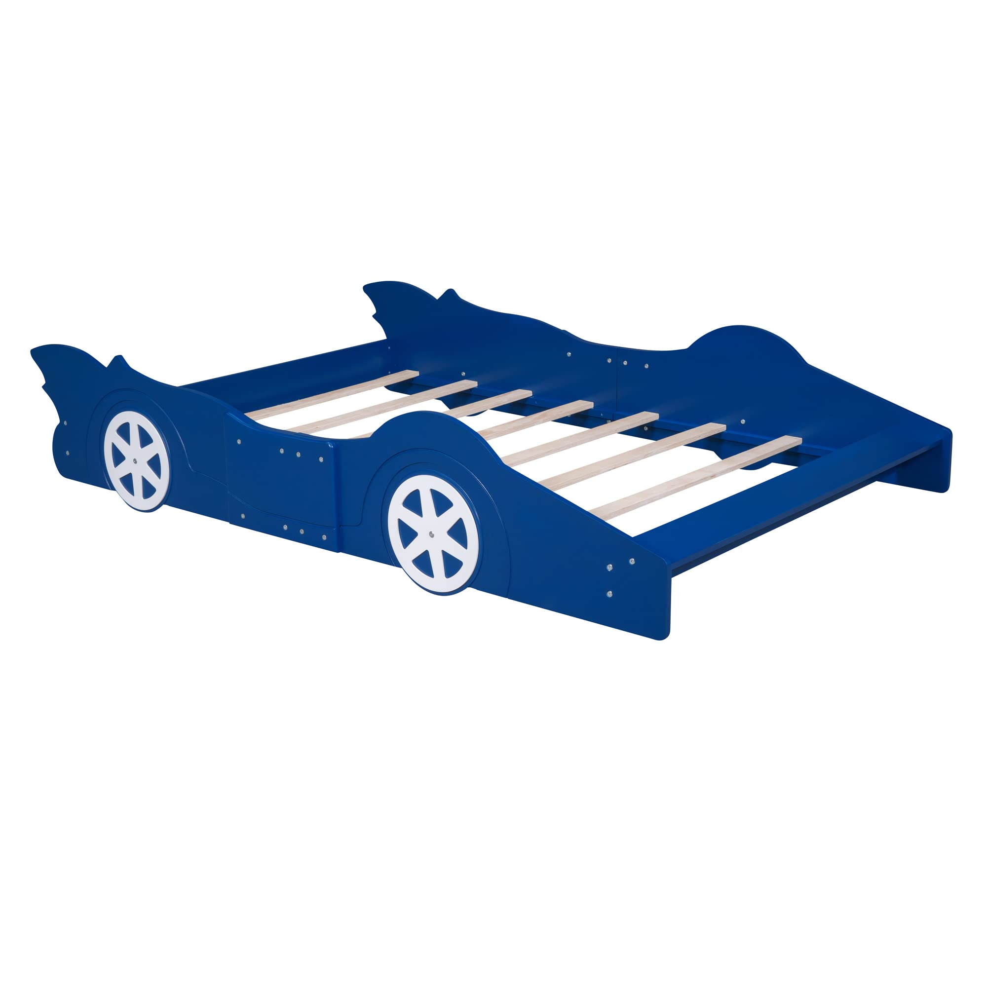 Full Size Race Car Bed for Boys - Wooden Car-Shaped Bed Frame with Wheels & Slat Support - Blue Kids Bedroom Furniture for Playrooms & Sleepovers
