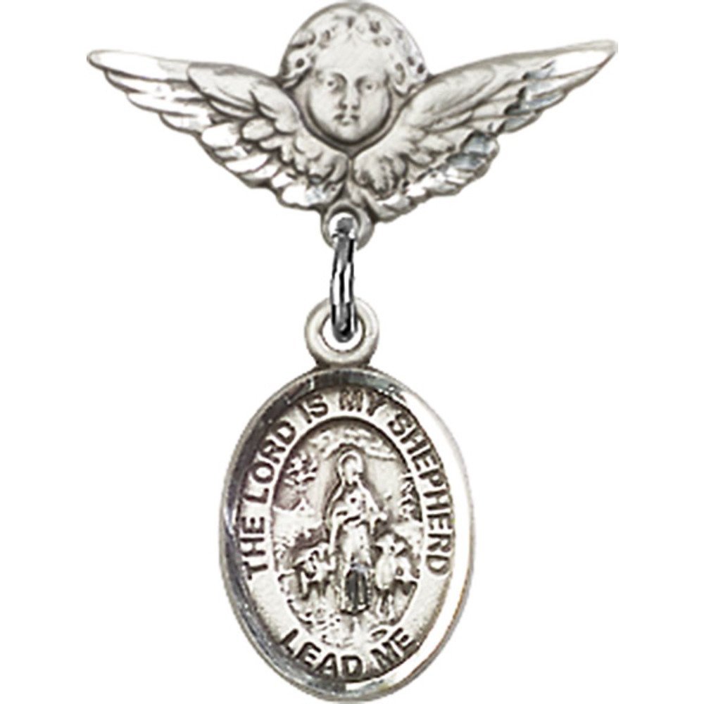 Lord is My Shepherd Sterling Silver Baby Badge with Angel Wing Charm - 7/8 X 3/4 Inch Religious Jewelry Pin for Christening, Baptism & Baby Blessing Gifts