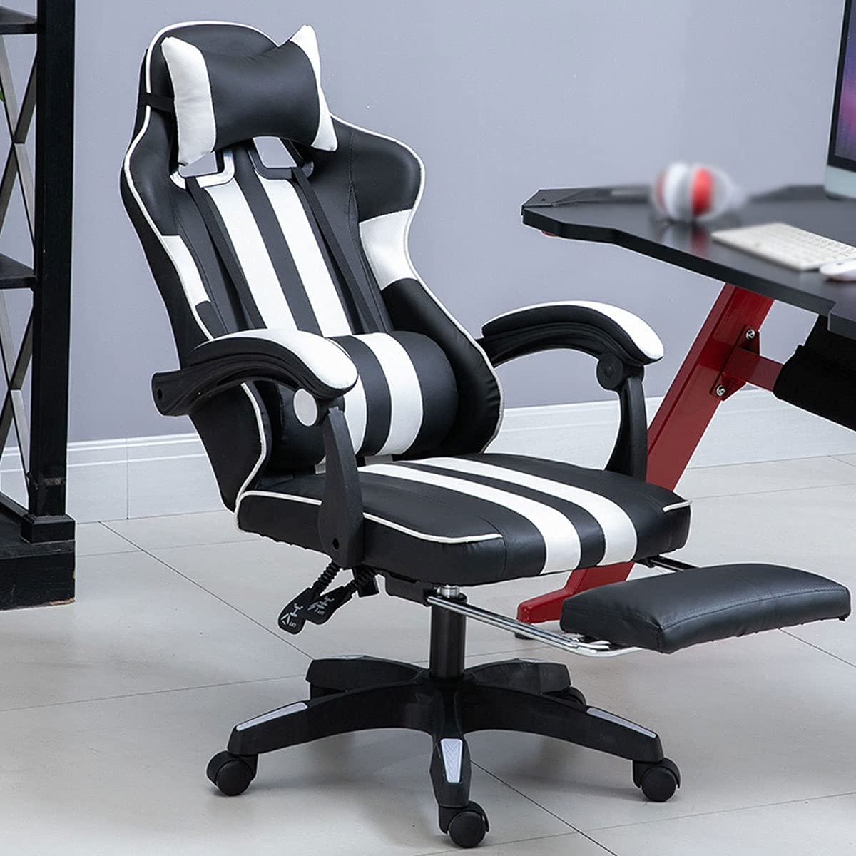 Ergonomic Gaming Chair with Footrest - High Back PU Leather Computer Office Chair for Home & Work, Adjustable Racing Style Video Game Chair (White) - Perfect for PC Gaming, Streaming & Long Work Sessions