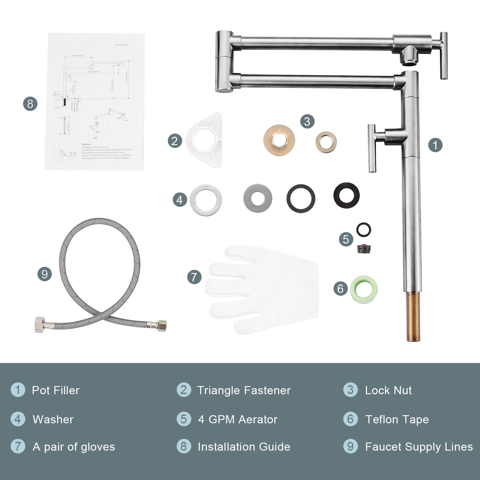 **Brass Deck Mount Pot Filler Faucet for Kitchen Sink - Brushed Nickel Finish, Double Joint Swing Arms - Perfect for Over Stove & High Backsplash Installations**