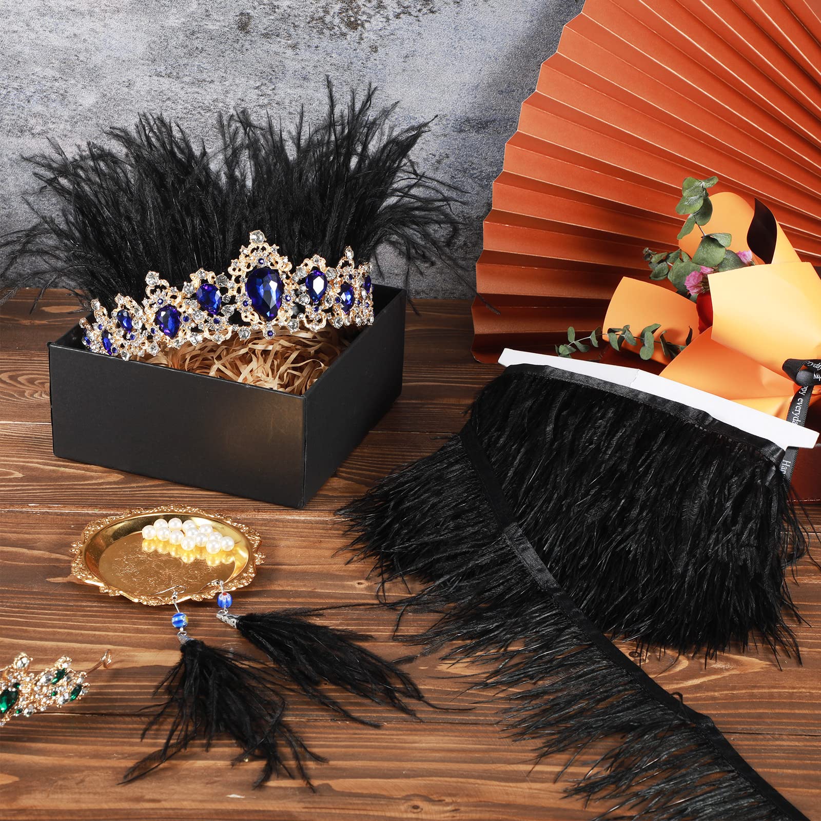 Premium 10 Yards Black Ostrich Feather Trim with Satin Ribbon - 3.2-4 Inch DIY Sewing Fringe for Dresses, Costumes & Home Decor | Perfect for Evening Gowns, Mardi Gras Outfits, and Wedding Decorations