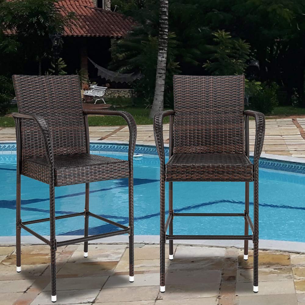VINGLI Set of 2 Outdoor Wicker Bar Stools - Patio Bar Height Chairs for Garden, Pool, Lawn & Backyard - Perfect for Outdoor Dining, Entertaining & Relaxing by the Pool