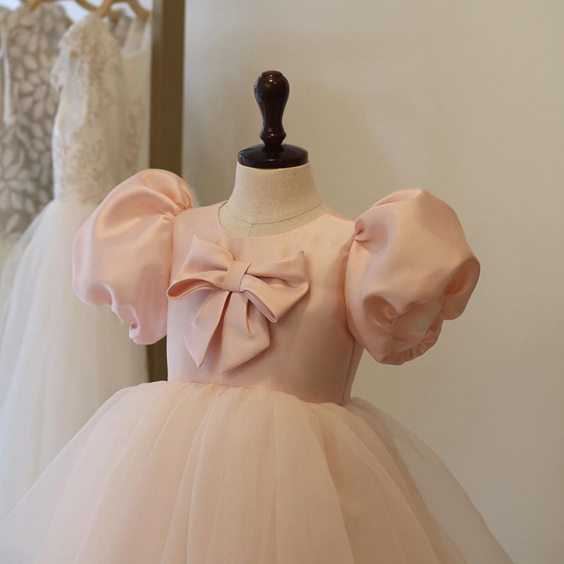 Pink Princess Satin and Tulle Flower Girl Dress with Bows - Elegant Formal Wear for Weddings, Baptisms & Special Occasions
