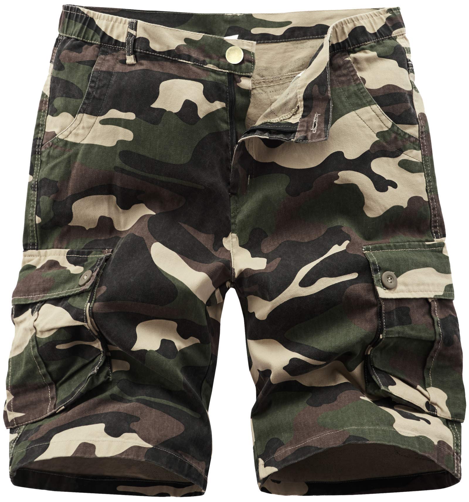 VCansion Men's Cargo Shorts - Cotton Casual Shorts with Elastic Waist & Multiple Pockets - Camo Military Style for Outdoor, Hiking, Travel & Summer Activities