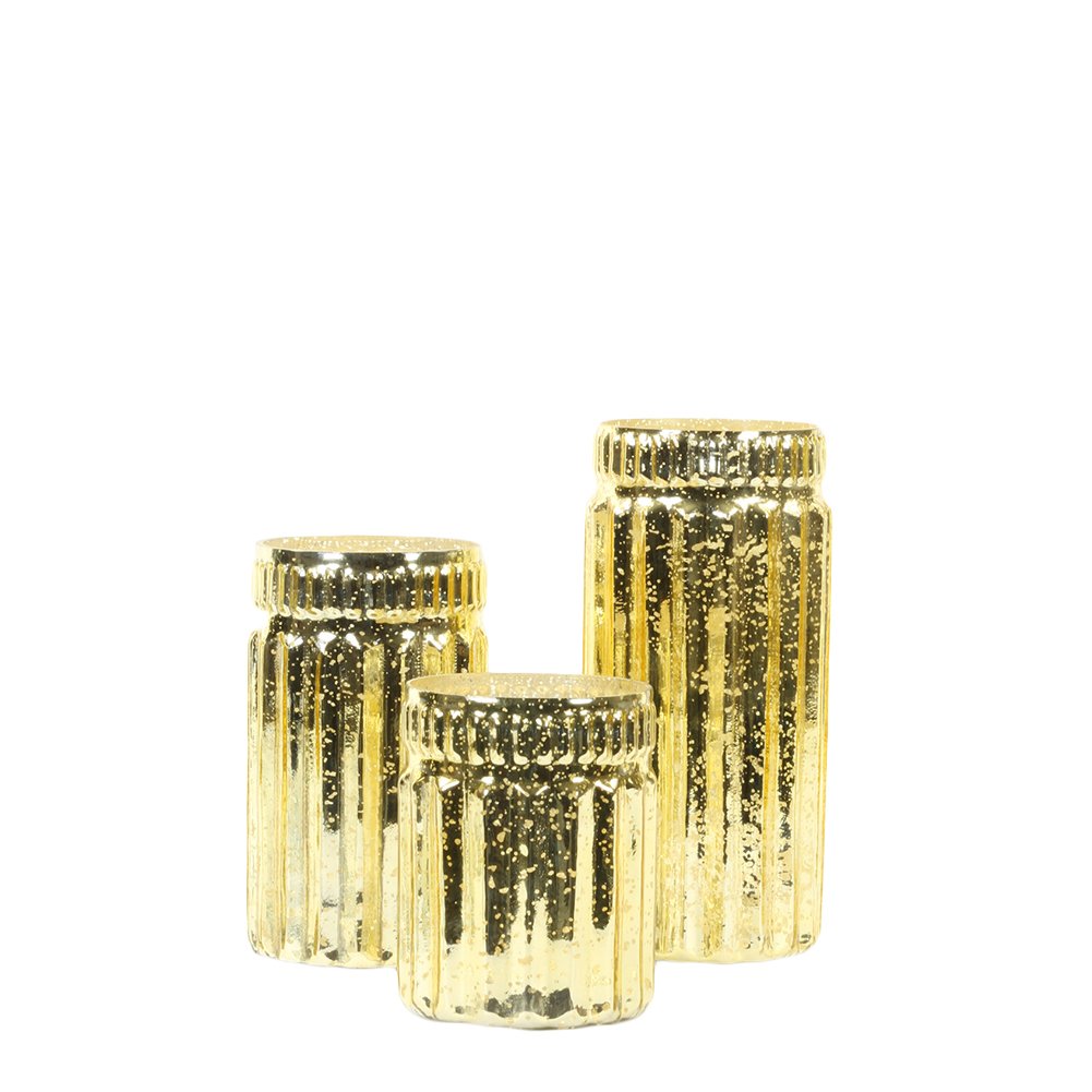 Koyal Wholesale Gold Ribbed Mercury Glass Vases - Set of 3 Bulk Decorative Vases for Wedding Centerpieces, Floral Arrangements, Home Decor & Party Decorations