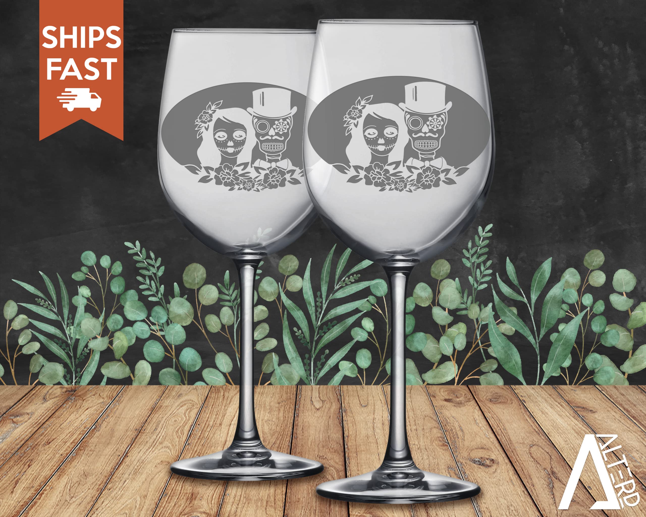 Alterd Industries Skull Gifts - Engraved Día De Los Muertos Toasting Glasses for Weddings, Sugar Skull Bride & Groom Cups - Perfect for Halloween Parties, Mexican Celebrations & Unique Gift Giving