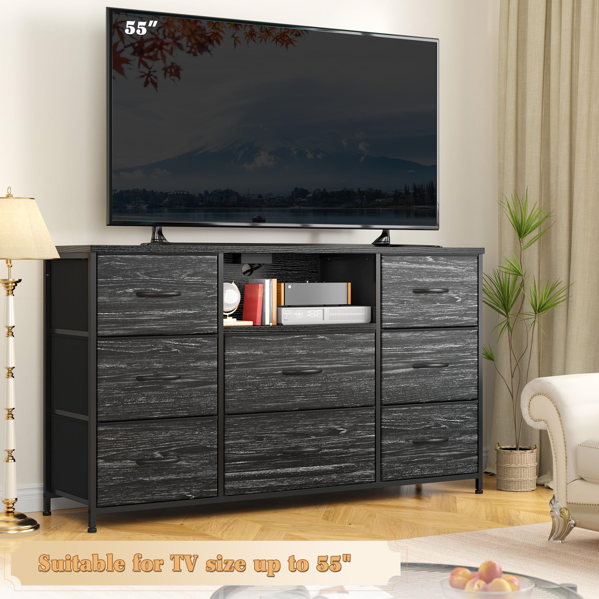 EnHomee 8-Drawer Black Dresser with Built-in Power Outlets - Sturdy TV Stand for 55