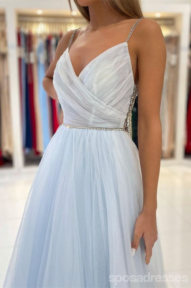 Elegant Blue A-Line Spaghetti Strap V-Neck Maxi Long Party Prom Dress for Women - Perfect for Evening Gala, Formal Events & Special Occasions