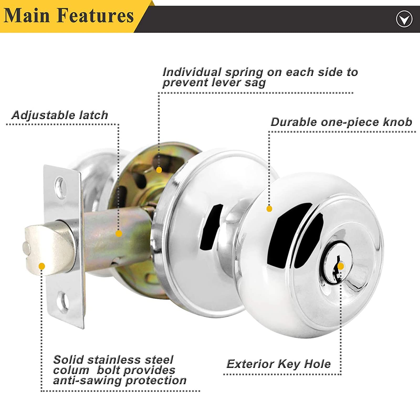 **Probrico Colonial Style Keyed Entry Door Knob with Lock - Flat Ball Exterior/Interior Door Lockset for Front or Back Doors - Polished Chrome (1 Pack) - Perfect for Home, Office & Apartment Security**