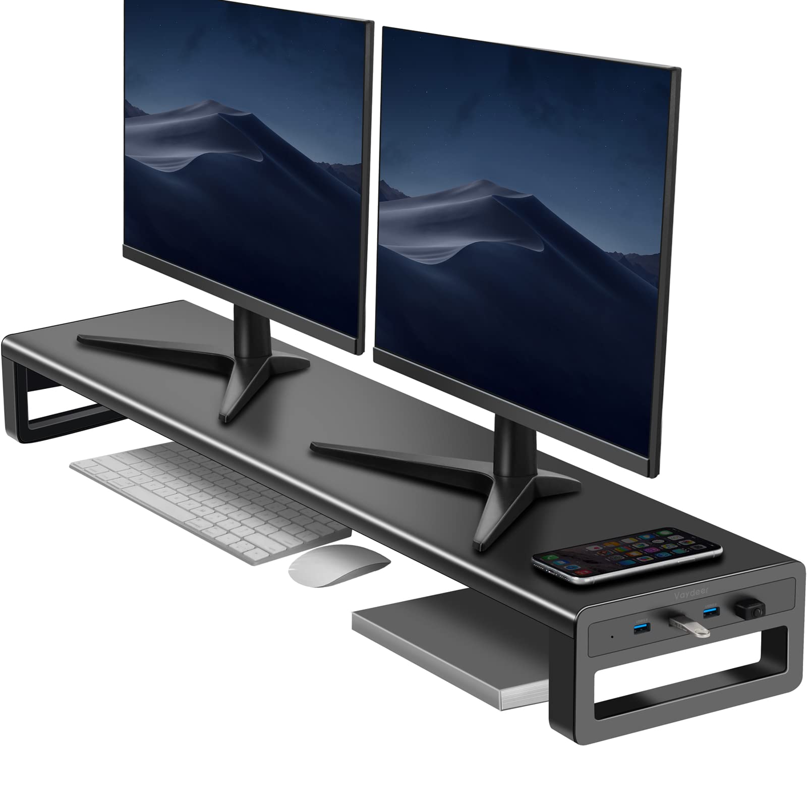 Dual Monitor Stand Riser with 4 USB 3.0 Hub Ports - Sturdy Aluminum Desktop Organizer for Computer, TV, PC, Printer & Speakers | Perfect for Home Office, Gaming Setup & Workspace Organization