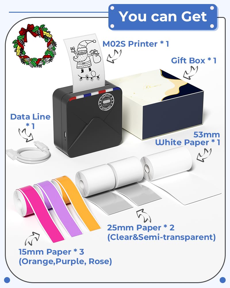 Phomemo M02S Mini Bluetooth Thermal Printer - 300dpi Portable Photo Printer for Work Lists, Planning, DIY Stickers & Label Making | Includes 6 Paper Rolls | Perfect for Office, School & Home Organization (Black)