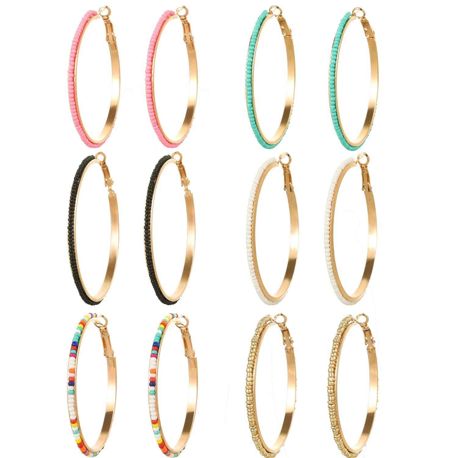 Jinxiuge 6 Pair Beaded Hoop Earrings Set - Boho Flower Round Dangle Earrings for Women, Handmade Jewelry Gift for Party, Wedding & Everyday Wear