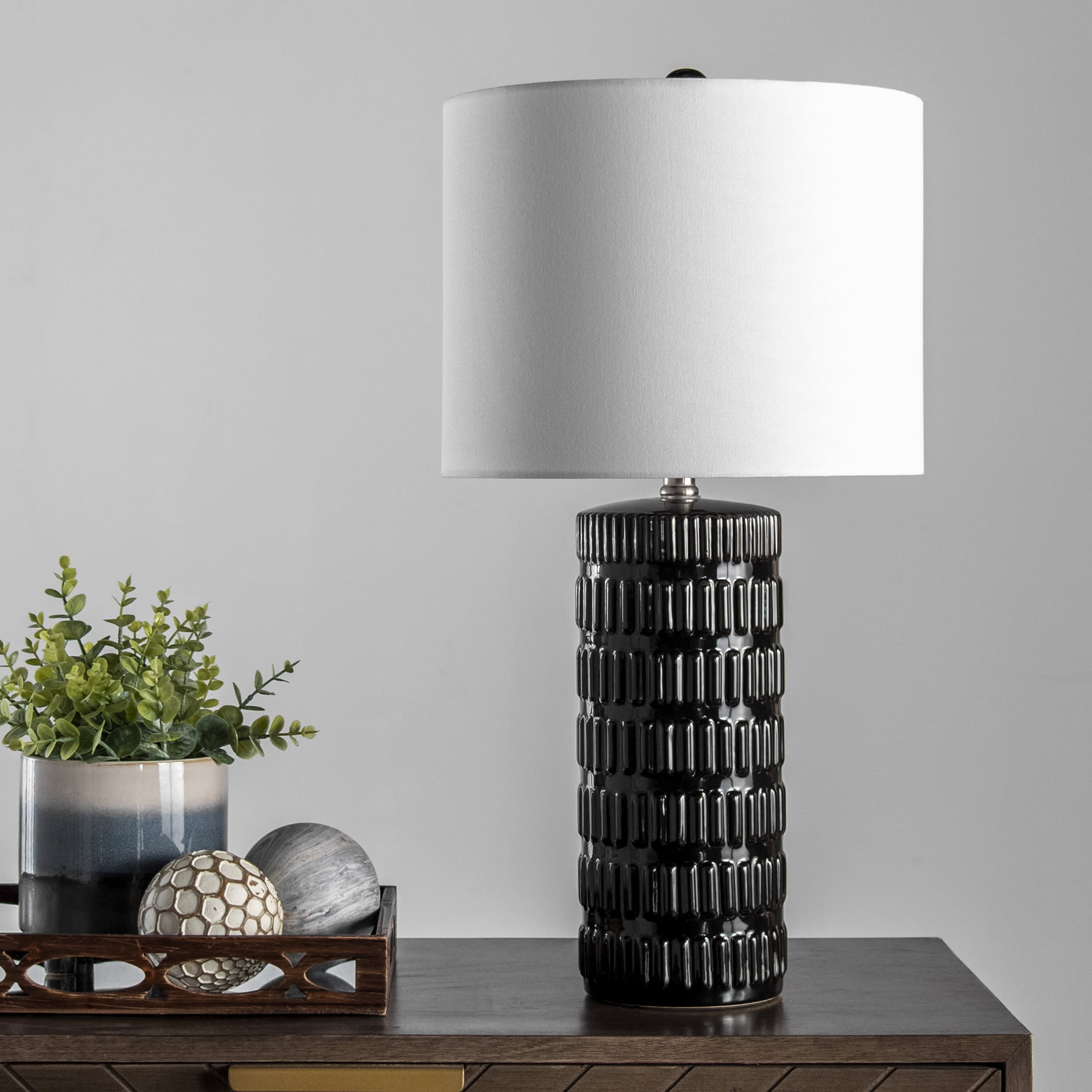 25 Inch Tangela Ridged Ceramic Table Lamp - Modern Black Accent Light for Living Room, Bedroom & Office Decor