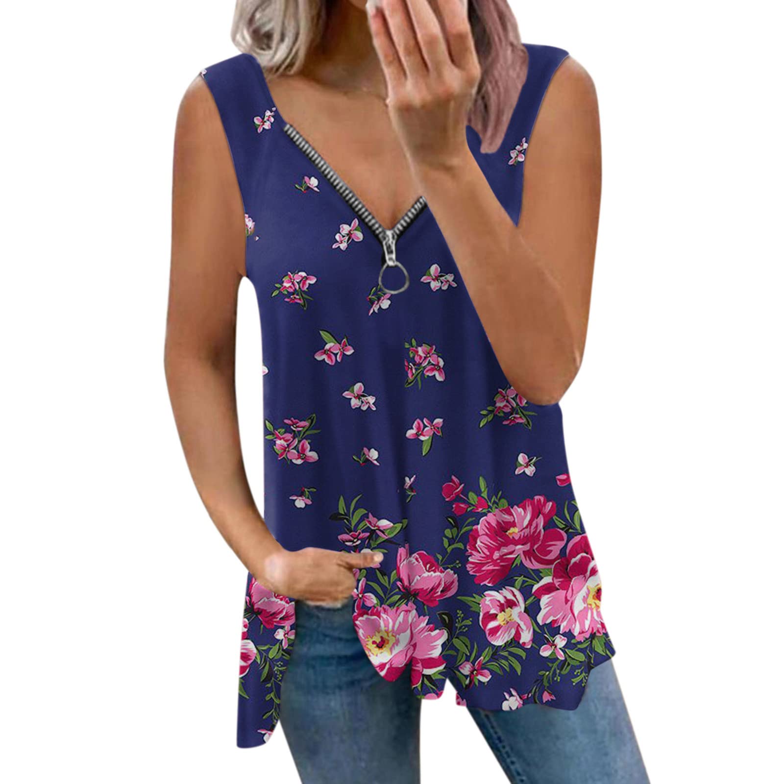 Women's Summer Sleeveless Tunic Tops - Floral Print Blouse & Vest Neck Casual Shirts | Perfect for Beach, Vacation, and 4th of July Independence Day Outfits