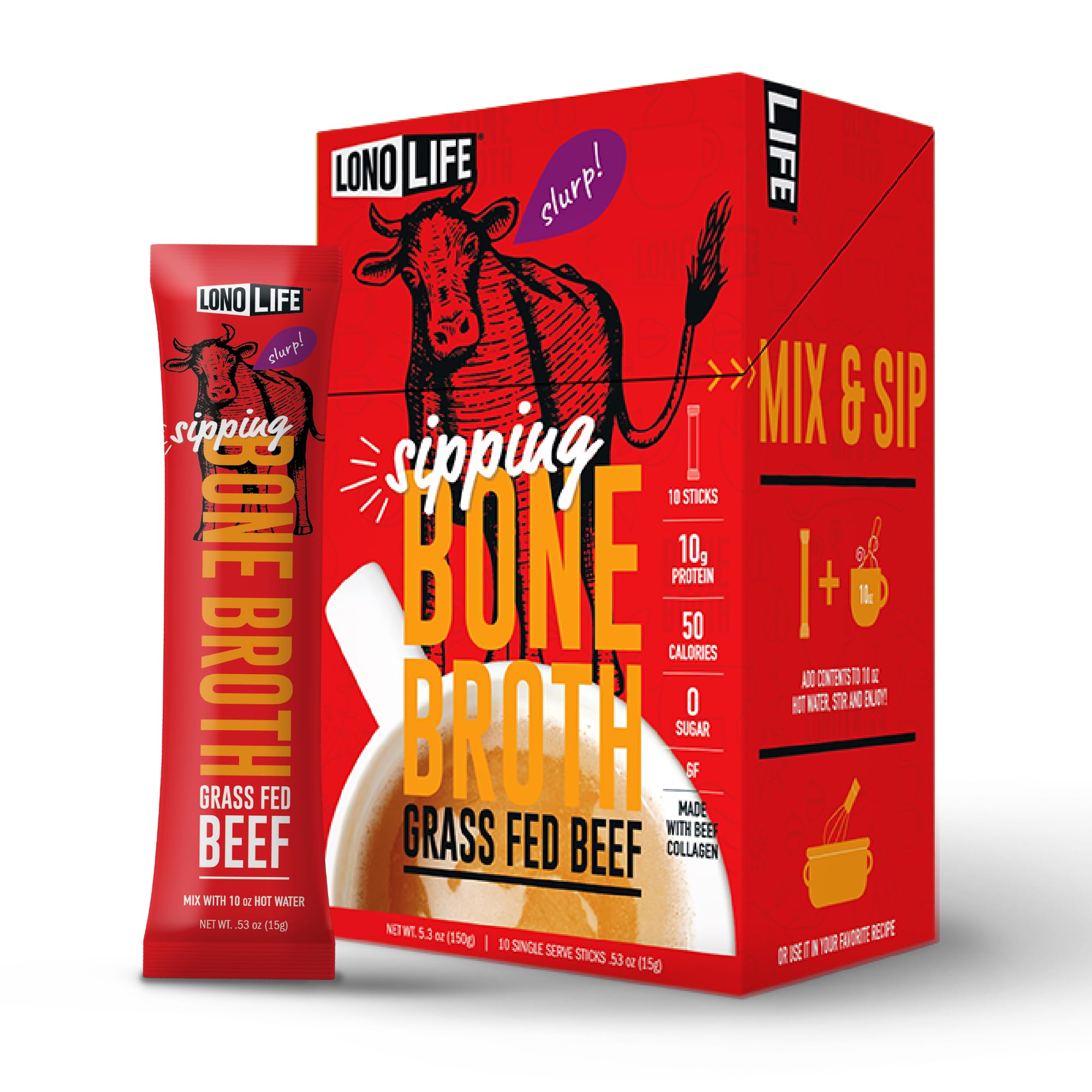 LonoLife Grass-Fed Beef Bone Broth Powder - 10g Protein per Serving | Collagen Rich Keto & Paleo Friendly Supplement | Natural Ingredients | 10 Single-Serve Stick Packs | Ideal for Travel, Camping & Post-Workout Recovery