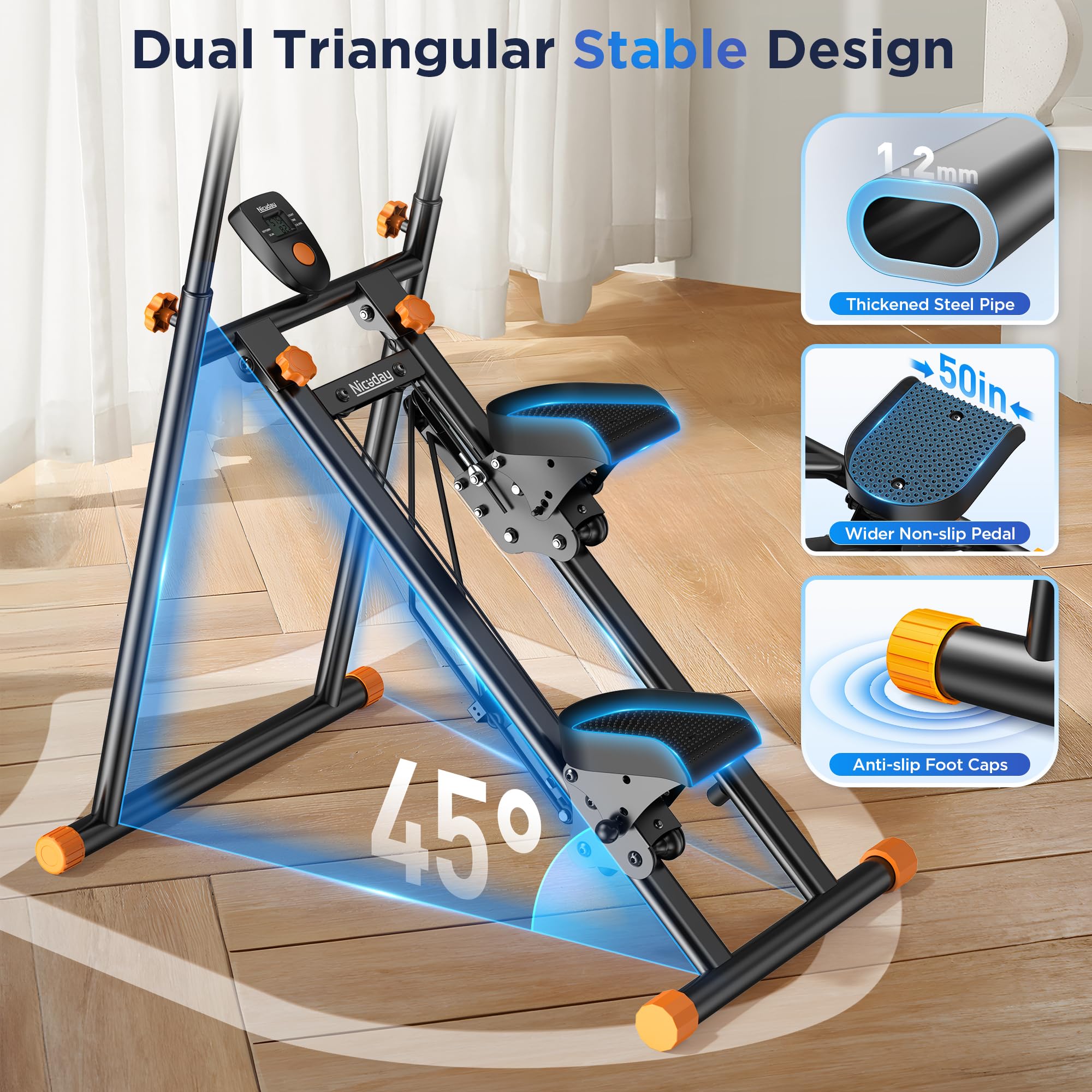 Niceday Stepper Machine for Home Workout - 18IN Extended Stride Stair Climber with Adjustable Handlebar & Pedals, Foldable Vertical Climber Exercise Equipment (300LBS Capacity) - Perfect for Cardio, Leg Toning & Home Gym Fitness