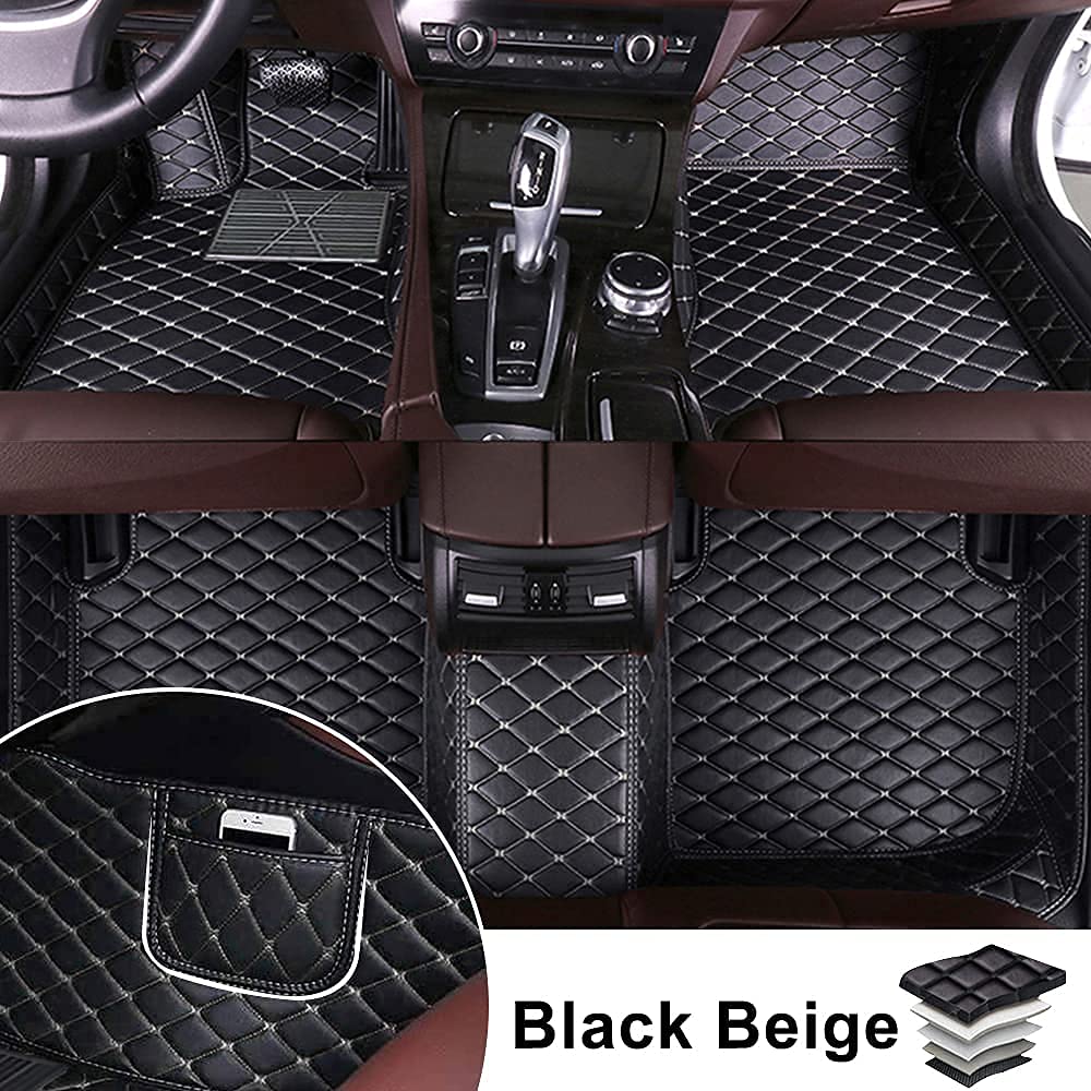 Premium All-Weather Car Floor Mats for Mercedes Benz CLA AMG 2013-2019 - Full Set with Storage Pockets, Luxury Leather Trim, 360° Protection - Black/Beige - Perfect for Daily Commute & Road Trips