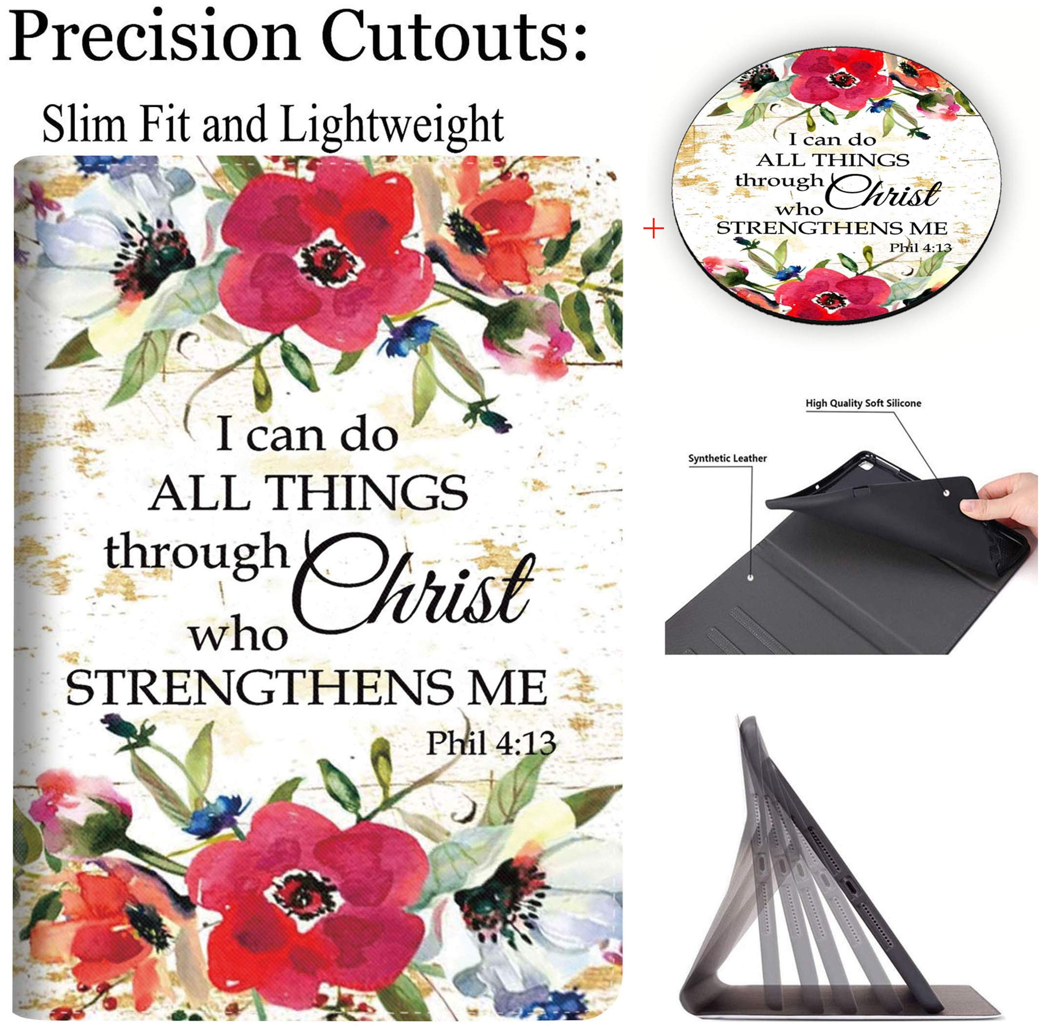 Premium iPad 9.7 Inch Case (2018/2017 Models) - Compatible with iPad 5th/6th Gen & iPad Air 1/2 - Christian Bible Quote Design (Philippians 4:13) with Watercolor Flowers - Perfect for School, Work & Travel Protection
