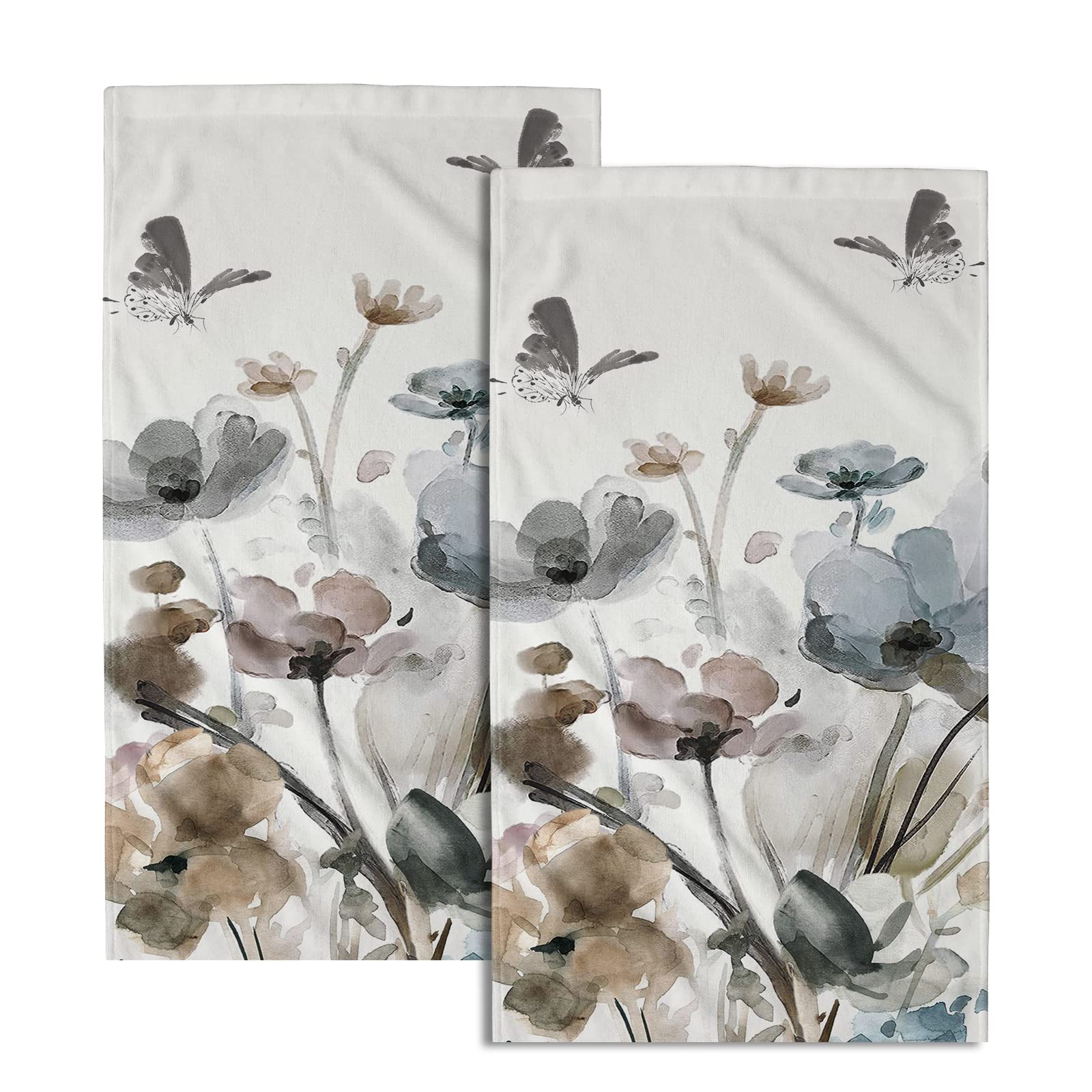 Boho Floral Hand Towels Set of 2 - Soft Grey Botanical Guest Face Towels for Bathroom Decor & Kitchen Dish Drying | Perfect for Spa, Guest Bath, and Tea Time