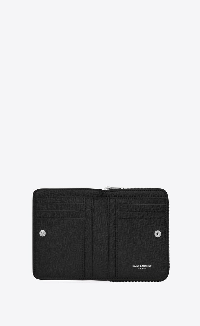 Saint Laurent Compact Zip Around Wallet - Black Grain De Poudre Leather for Women | Luxury Designer Wristlet Clutch for Everyday Use & Special Occasions