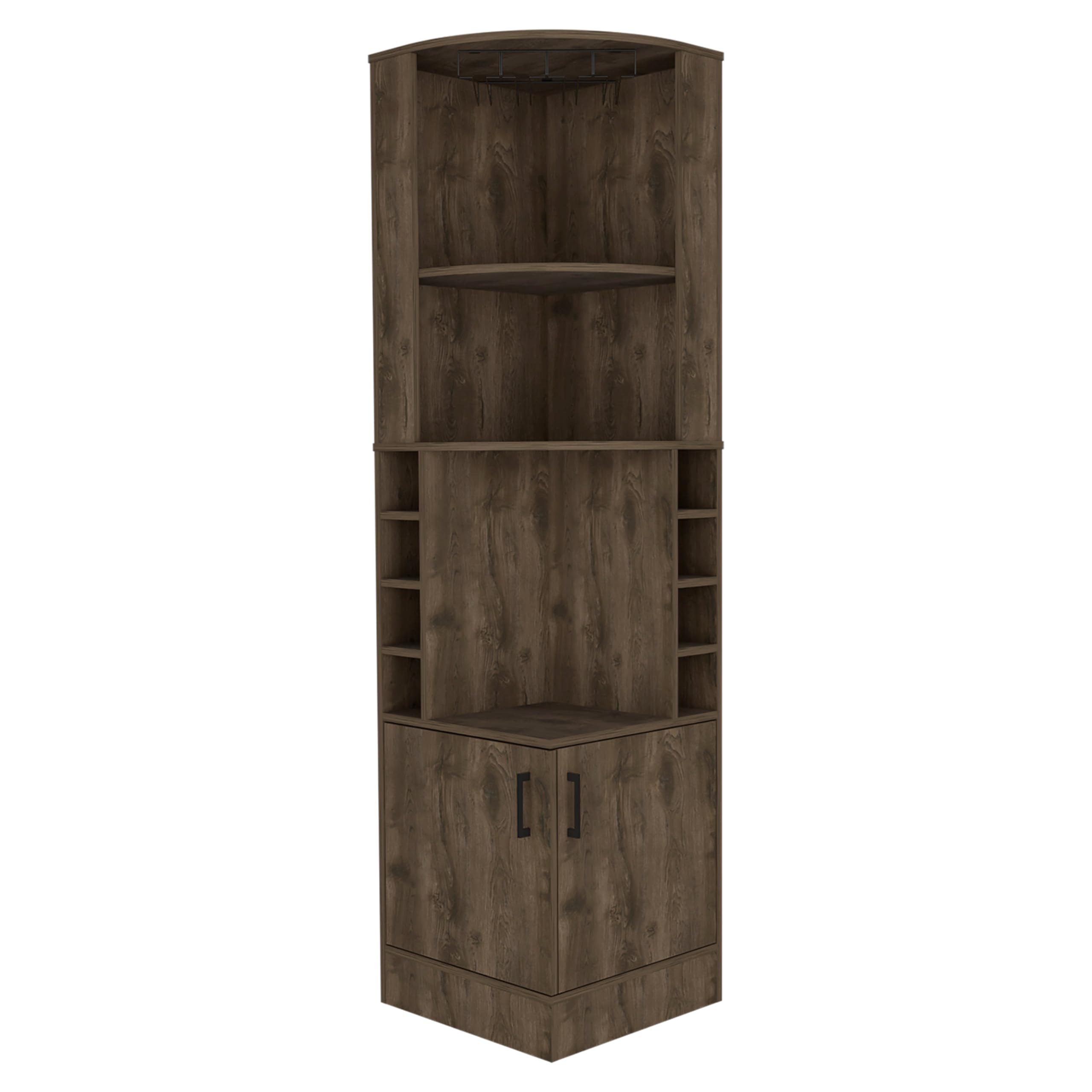 Tuhome Syrah Corner Bar Cabinet with 8 Bottle Cubbies, Double Doors & 2 Open Shelves - Dark Brown for Living Room, Dining Room or Home Bar Storage