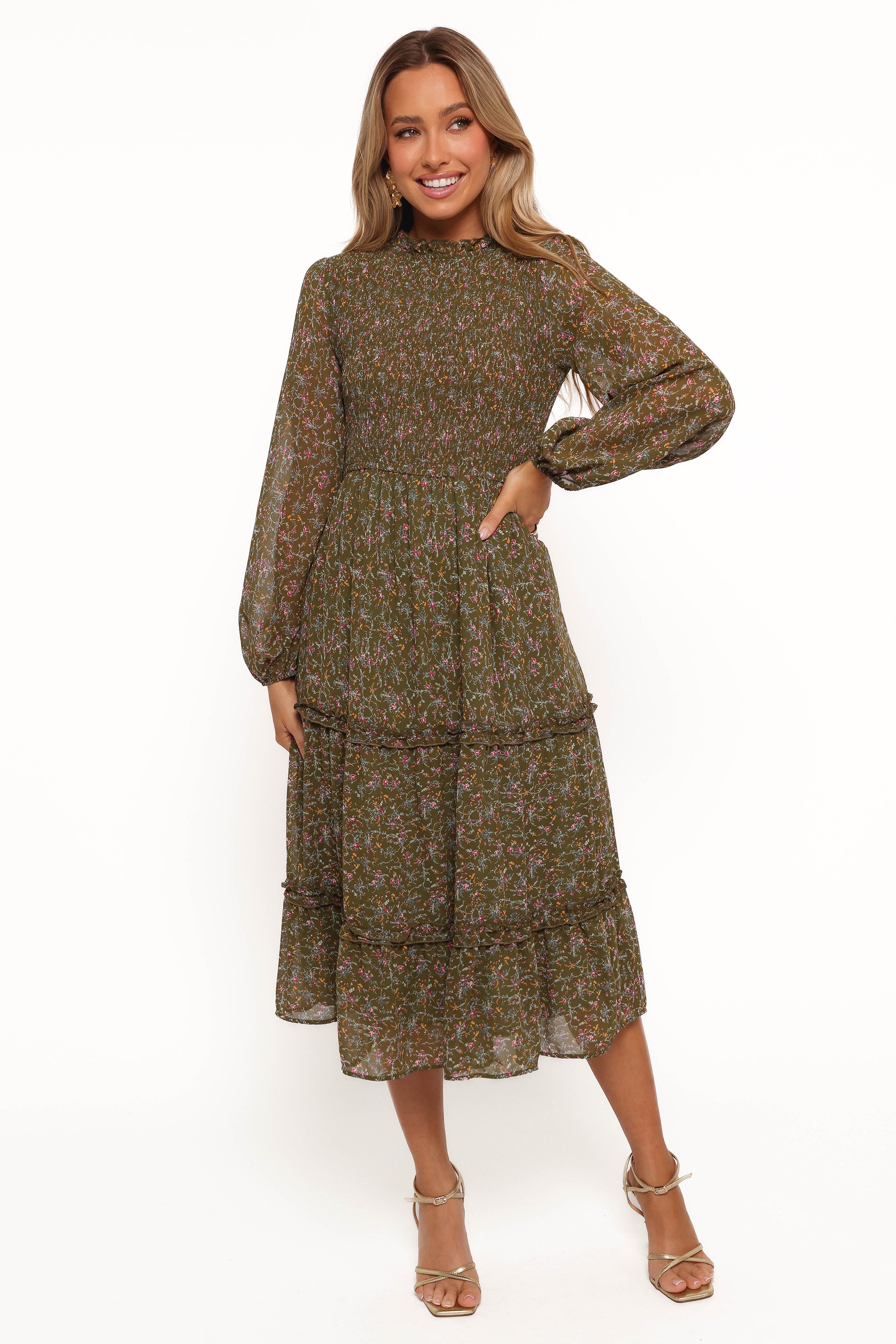 Edwina Shirred Frill Long Sleeve Midi Dress - Olive Floral Print Women's Fashion Dress for Casual Wear, Date Night & Special Occasions