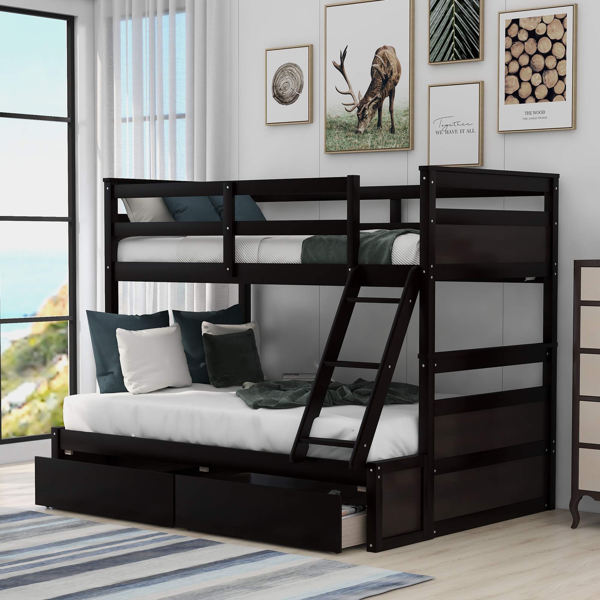 Solid Wood Twin Over Full Bunk Bed with Storage Drawers & Safety Rail - Convertible to 2 Separate Beds, Loft Bed or Platform Bed - No Box Spring Needed (Espresso Finish) - Perfect for Kids' Rooms, Guest Rooms & Small Spaces