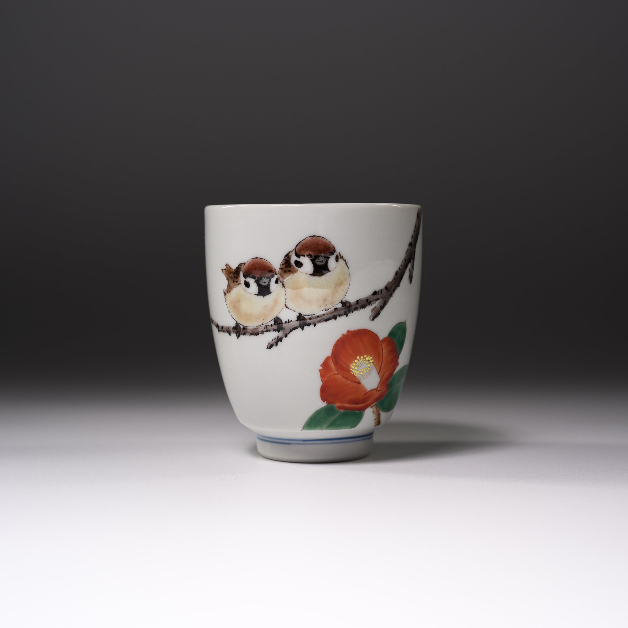 Authentic Kutani Ware Yunomi Tea Cup - Nakamura Toshito Handcrafted Sparrow & Camellia Design - Japanese Ceramic Tea Cup for Matcha, Green Tea, or Daily Use - Perfect Gift for Tea Lovers