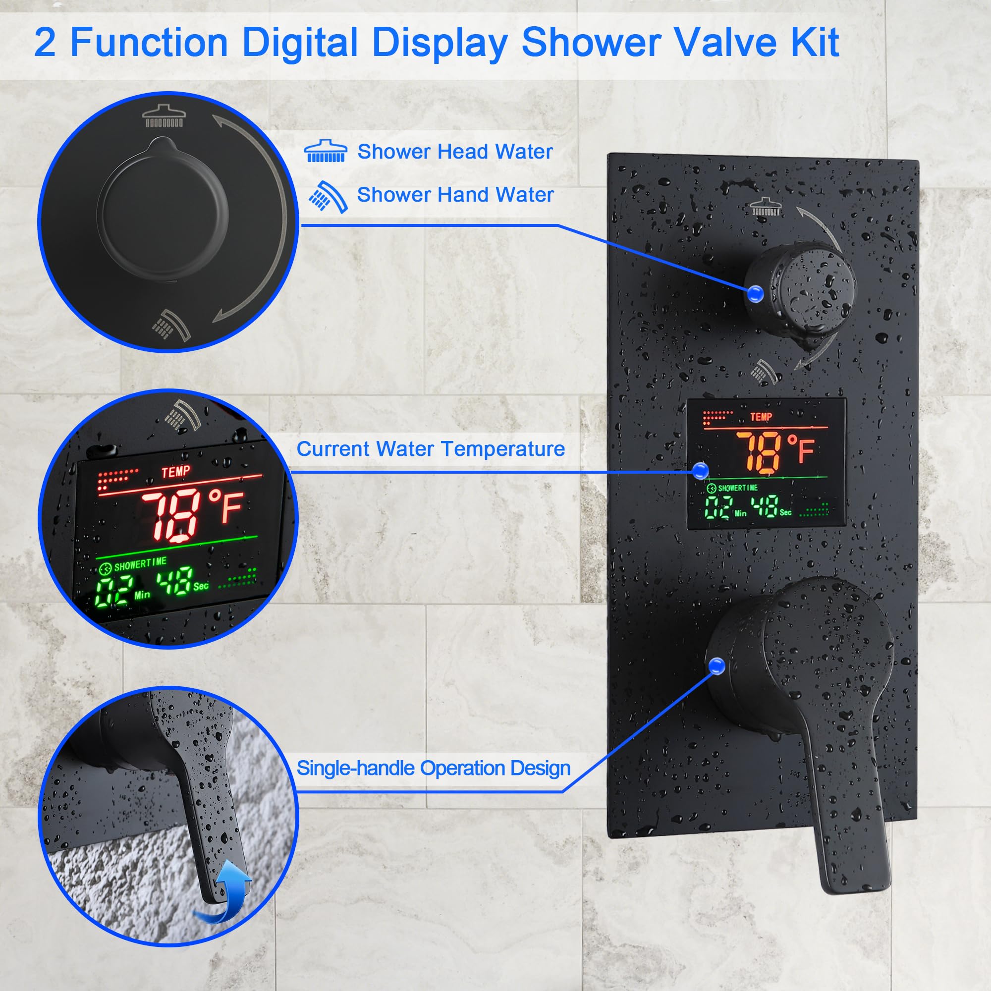 SKWOLL Matte Black Shower Faucet Set - 12 Inch Ceiling Mount Rain Shower Head with Digital LCD Display & 2 Function Valve Kit | Modern Bathroom Upgrade for Spa-Like Experience